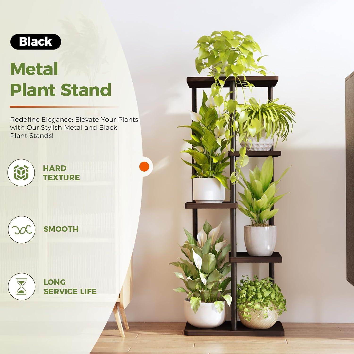 Tall Black Metal and MDF 5-Tier Plant Stand