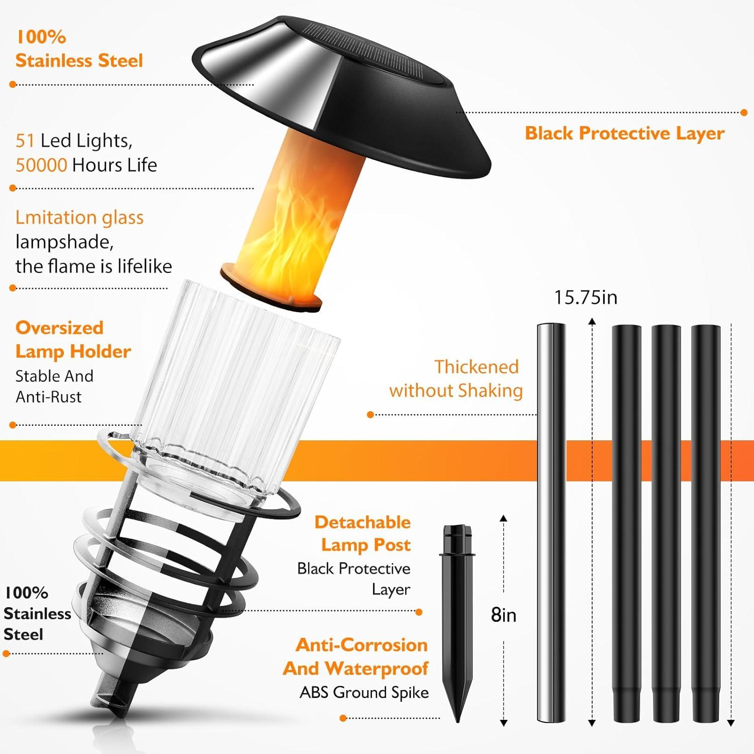 Solar-Powered Black LED Pathway Torches with Flickering Flame, 4-Pack