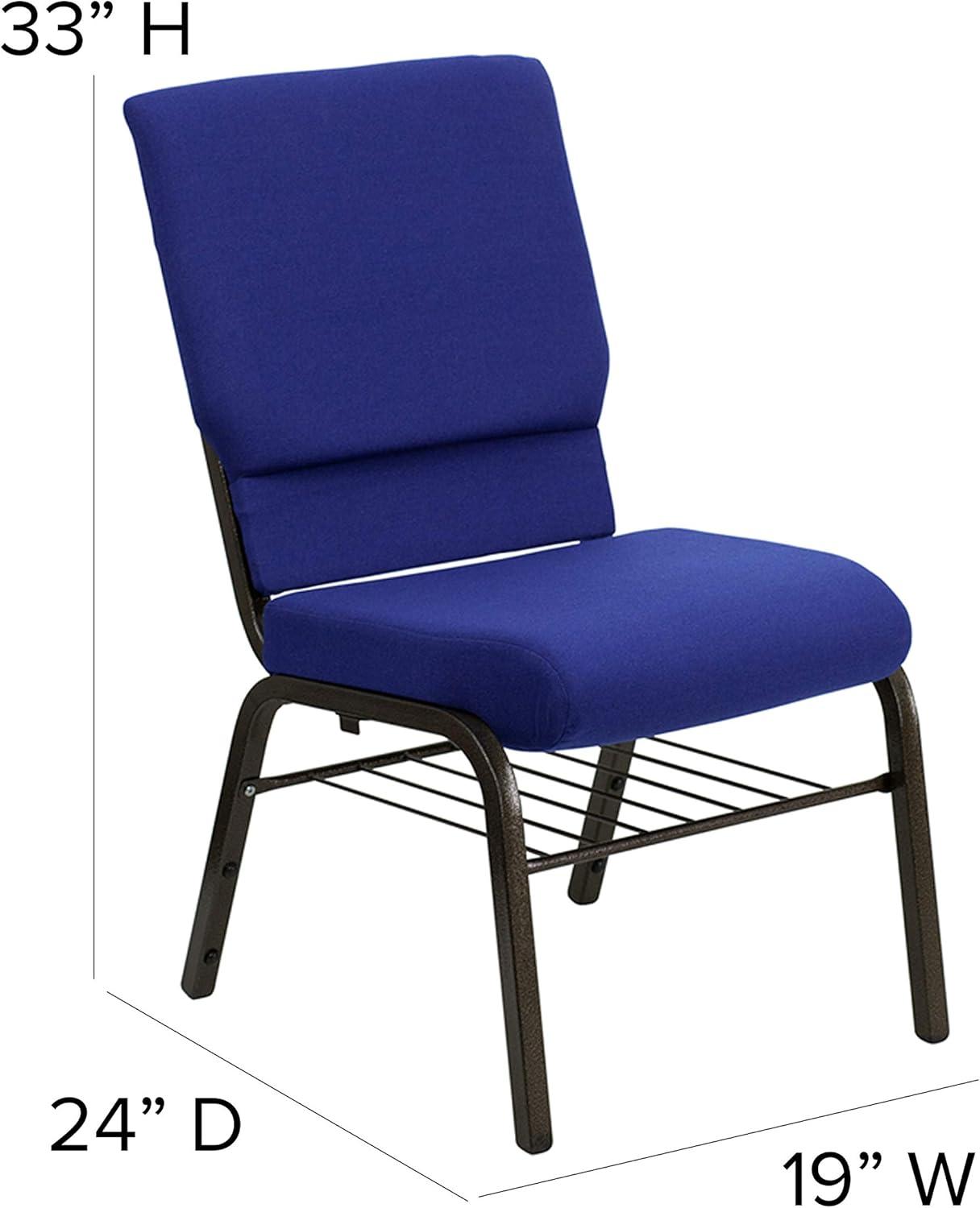 BizChair 18.5''W Church Chair in Navy Blue Fabric with Book Rack - Gold Vein Frame