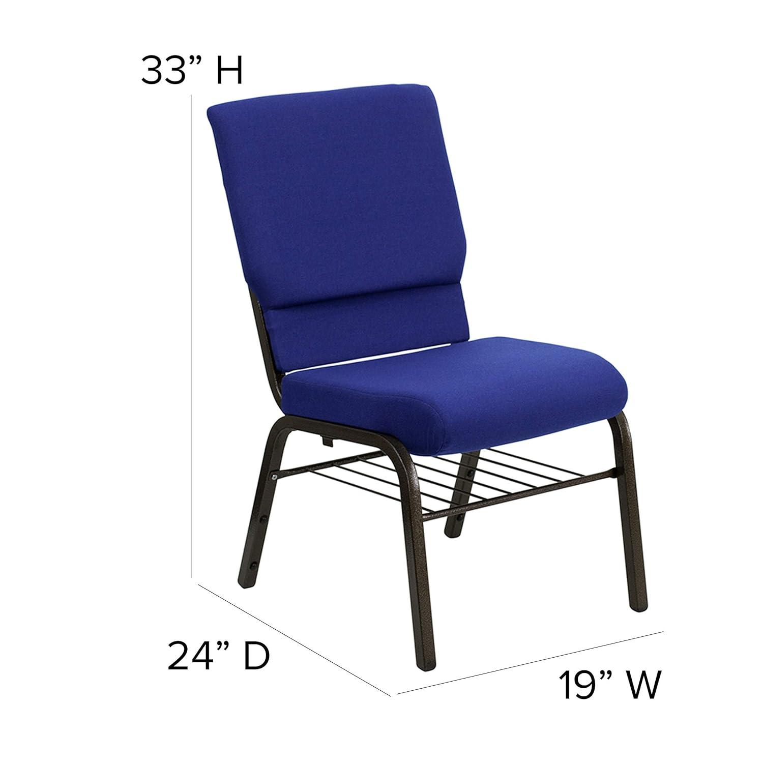 BizChair 18.5''W Church Chair in Navy Blue Fabric with Book Rack - Gold Vein Frame