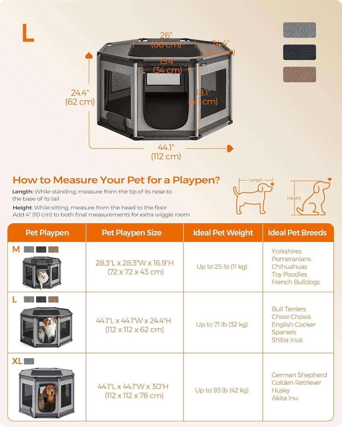 Feandrea Dog Playpen, Oxford Fabric Dog Fence, Octagon Dog Crate, L, 44.1 x 44.1 x 24.4 Inches, PVC Pipe Frame, Breathable Mesh, Double Openings, Dove Gray and Slate Gray UPDC003G01