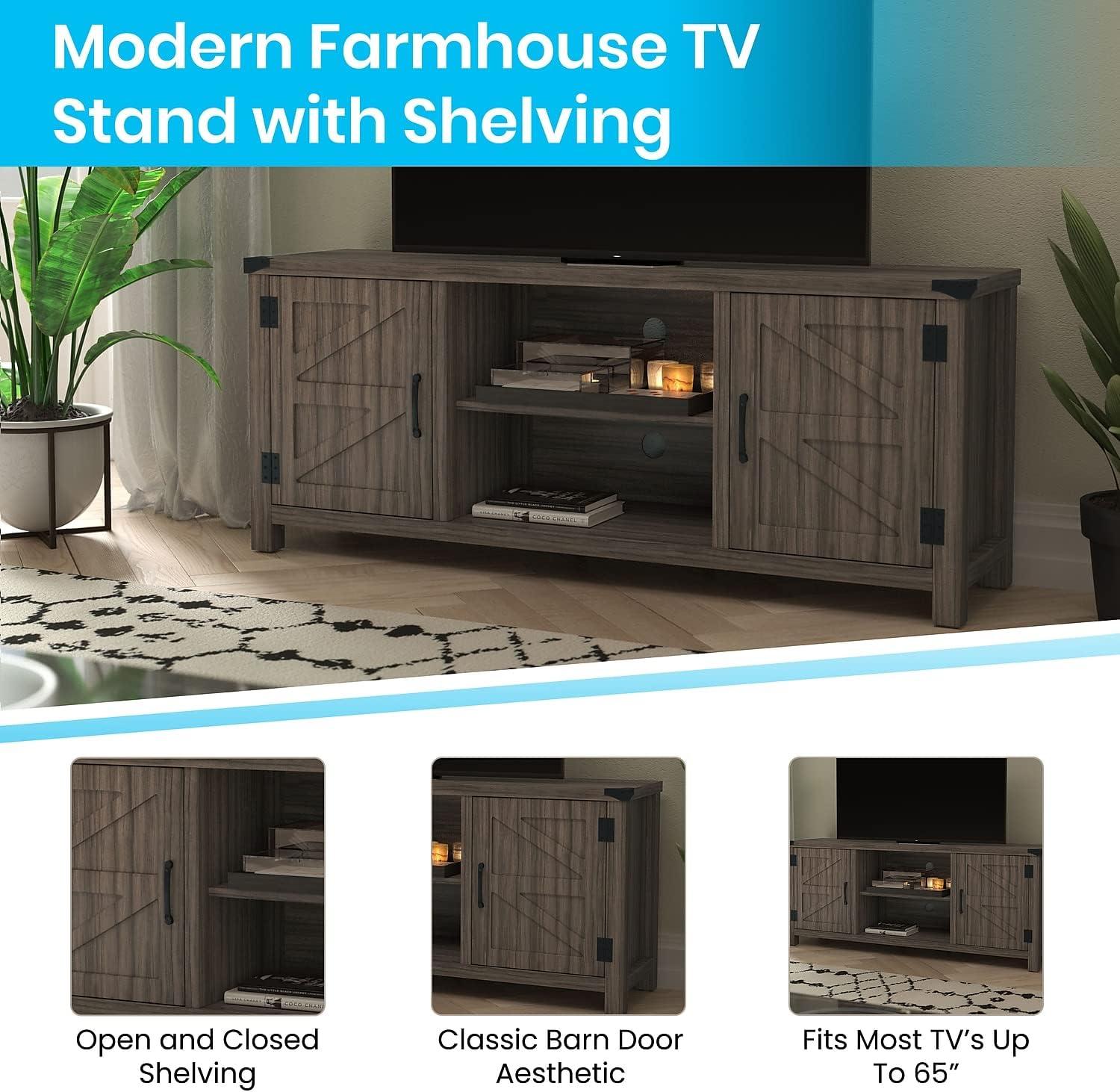 BizChair Modern Farmhouse Barn Door TV Stand - Gray Wash Oak for TV's up to 65 Inches - 59" Entertainment Center with Adjustable Shelf