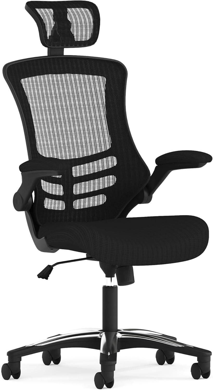 Flash Furniture Kelista High-Back Black Mesh Swivel Ergonomic Executive Office Chair with Flip-Up Arms and Adjustable Headrest