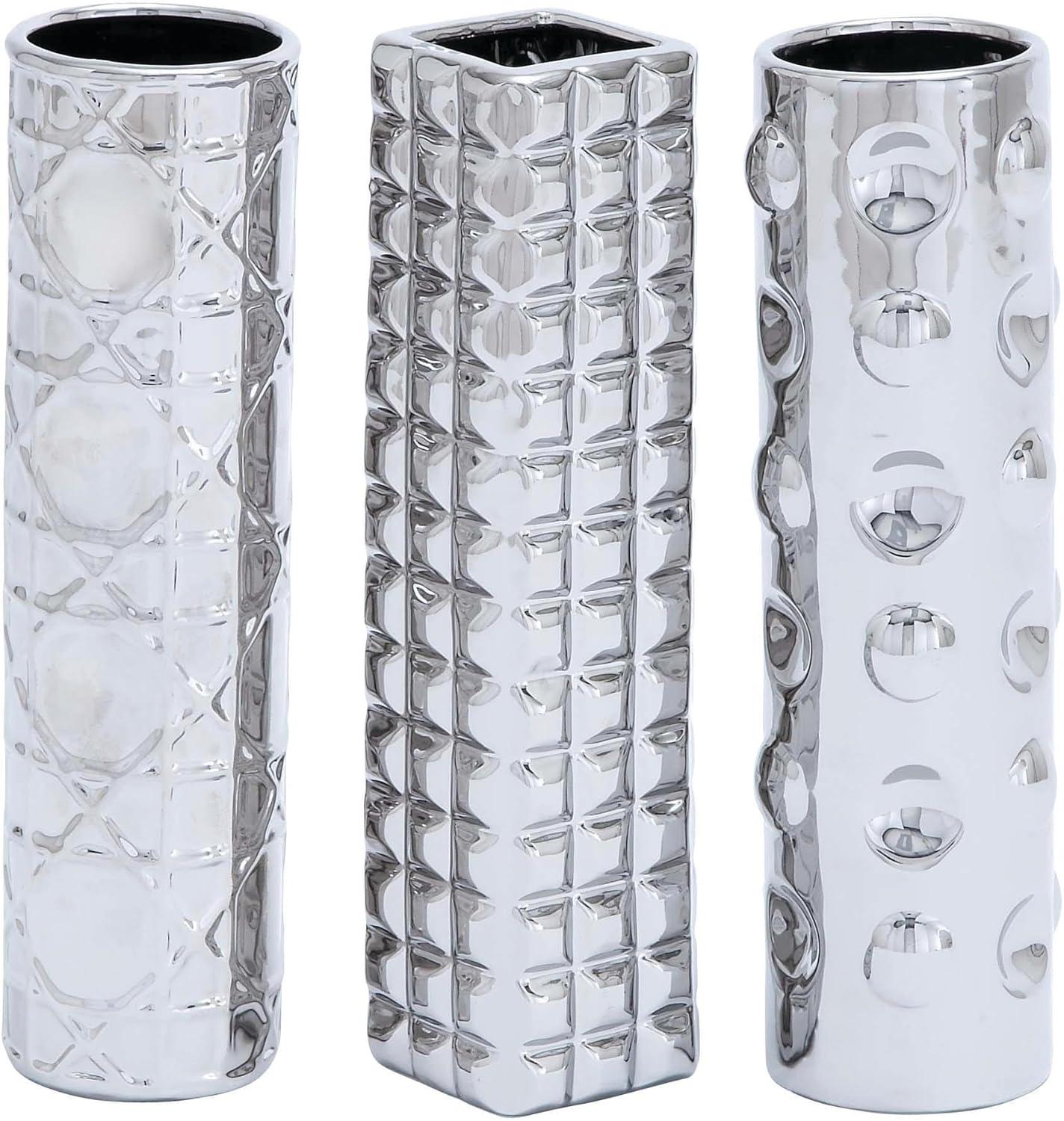 DecMode 4"W, 12"H Silver Ceramic Vase with Varying Patterns, Set of 3