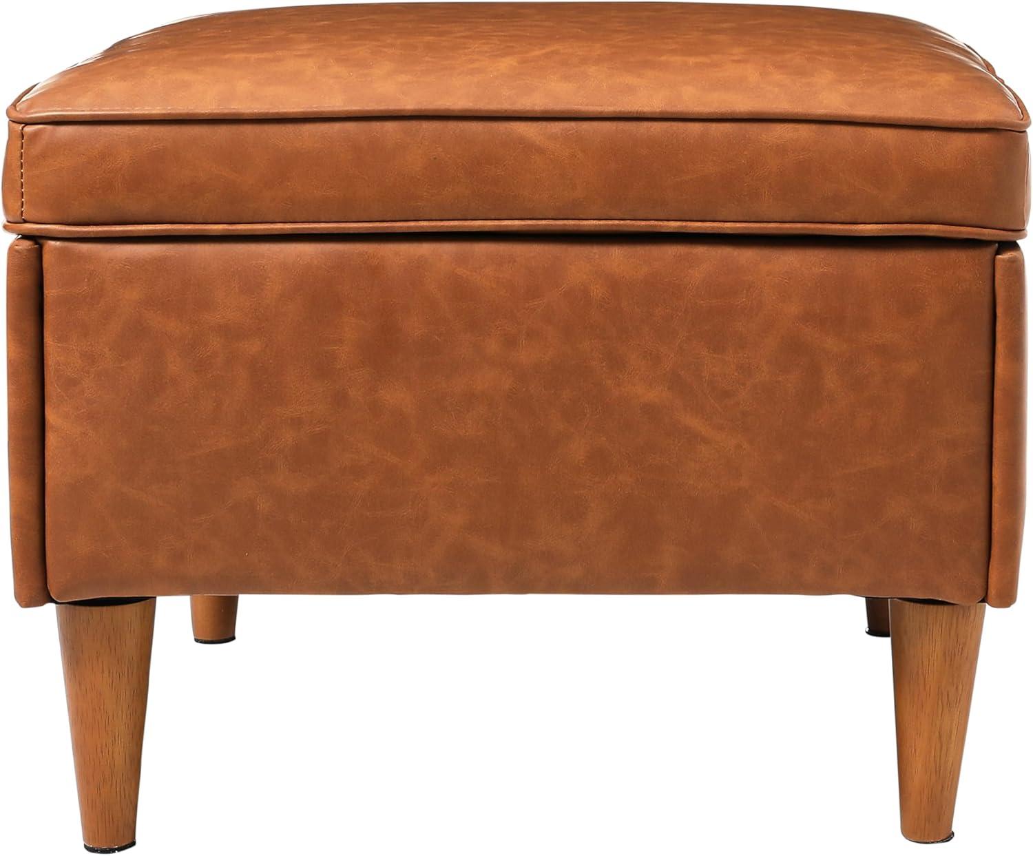 Storied Home Atley Storage Ottoman Brown: Vegan Leather, Mid-Century Design, Plywood Frame, 18" Height