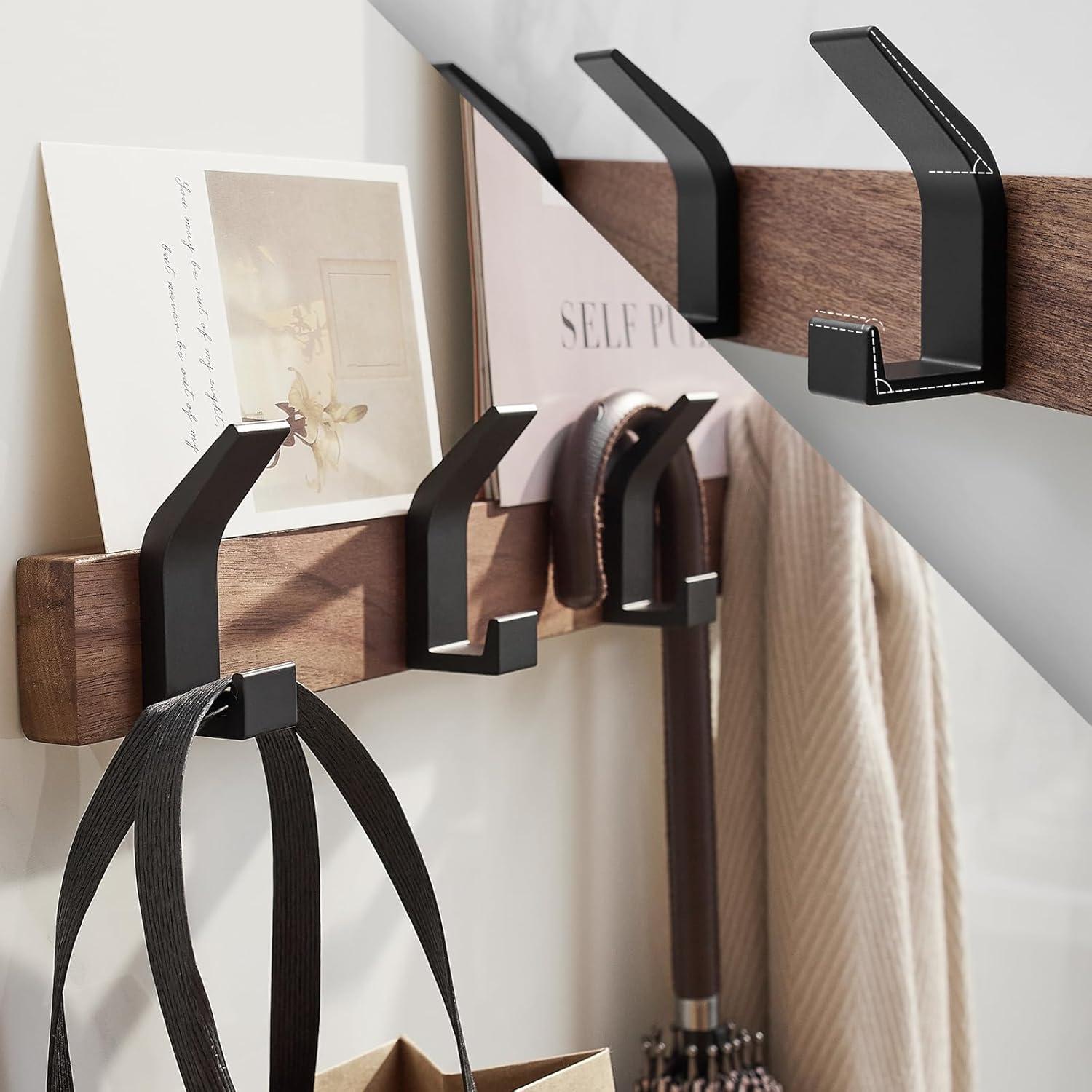 Walnut Wood Wall-Mounted Coat Rack with Black Aluminum Hooks