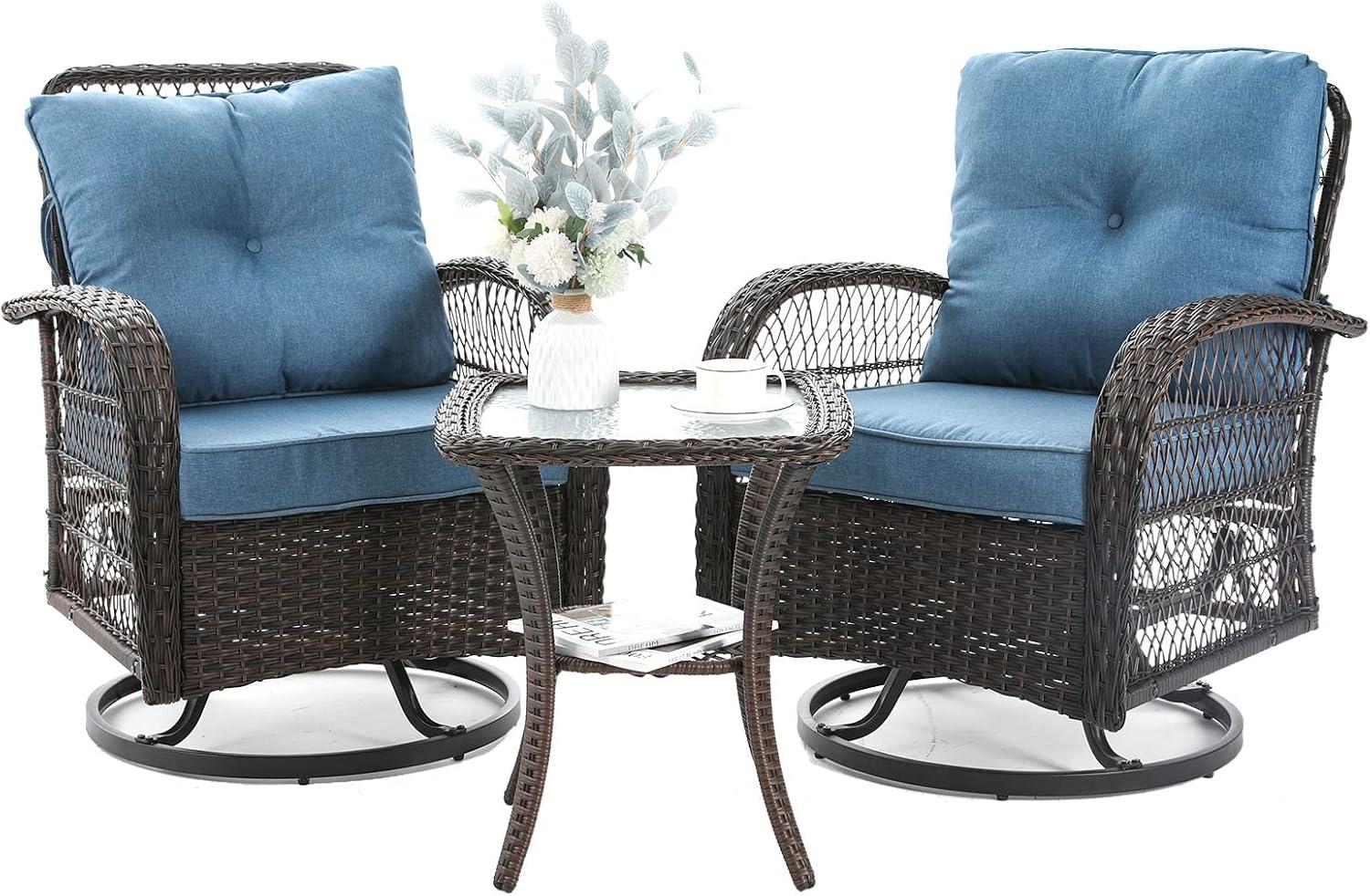 ELPOSUN 3 Pieces Patio Furniture Set, Outdoor Swivel Gliders Rocker, Wicker Patio Bistro Set with Rattan Rocking Chair, Glass Top Side Table and Thickened Cushions for Porch Deck Backyard