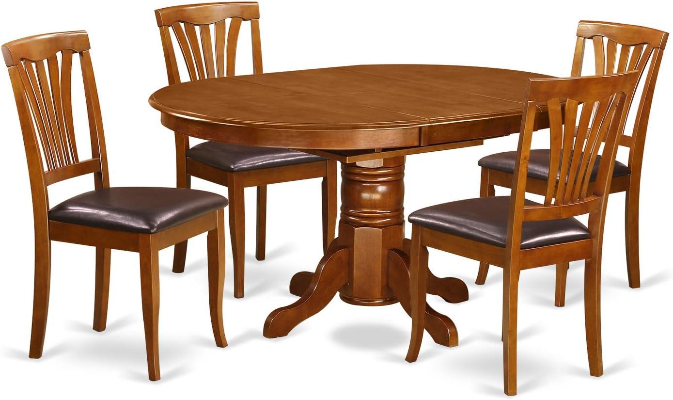 East West Avon 42"-60" Expandable Oval Table with 4 Saddle Brown Leather Chairs