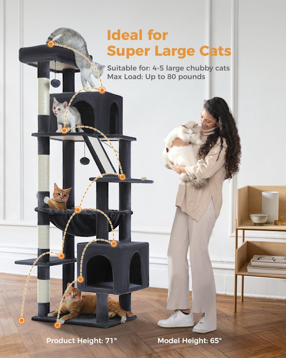 Cat Tree For Large Cats, 71" Tall Cat Tower, Large Cat Tree For Indoor Cats, Multi-Level Cat House Furniture With 2 Big Condo Pad Bed, Cozy Hammock And Sisal Scratching Posts
