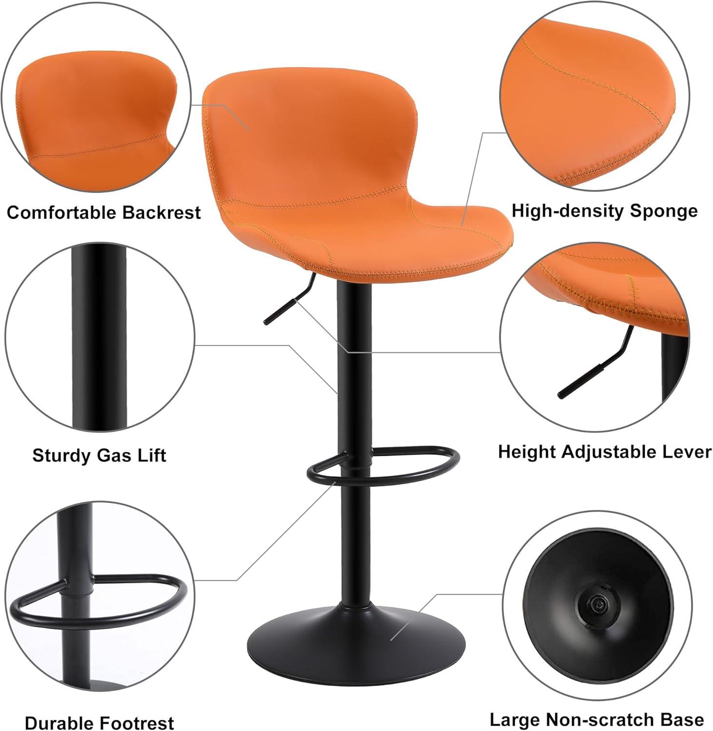 Orange Adjustable Swivel Metal and Leather Bar Stools Set