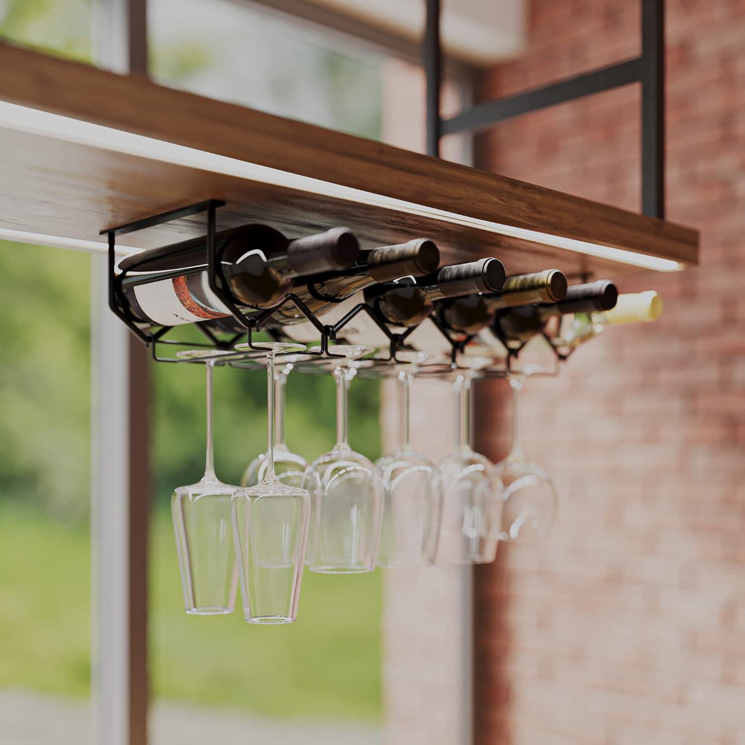 Black Metal Under Cabinet Wine Rack with Glass Holder