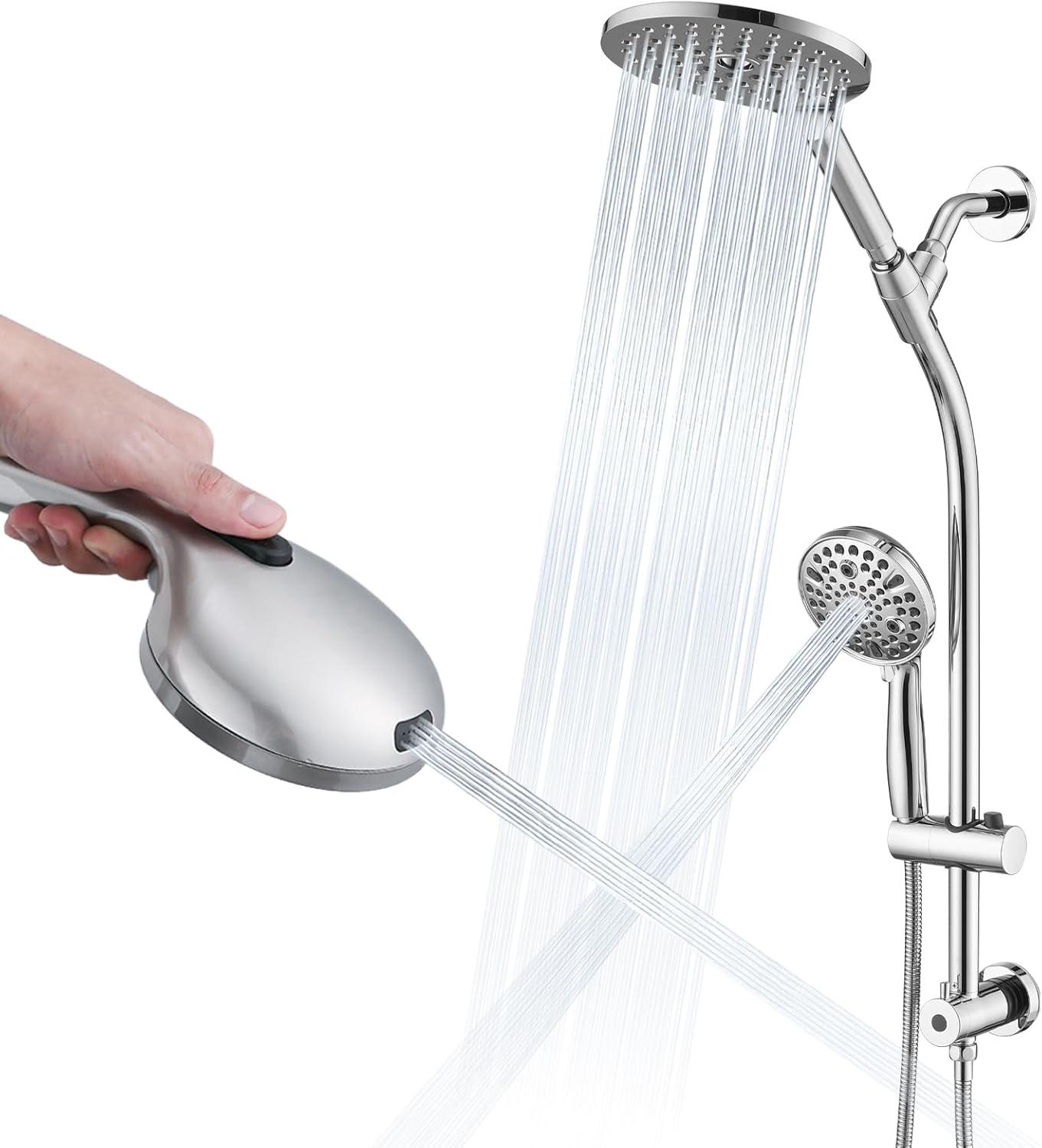 Rainfall Shower Head with Handheld Shower Spray, with 26" Drill Free Adjustable Height Slider Bar, High Pressure Dual Shower Head Combo, 3-Way Diverter for Easy Reach, 5Ft Hose - Chrome Finish