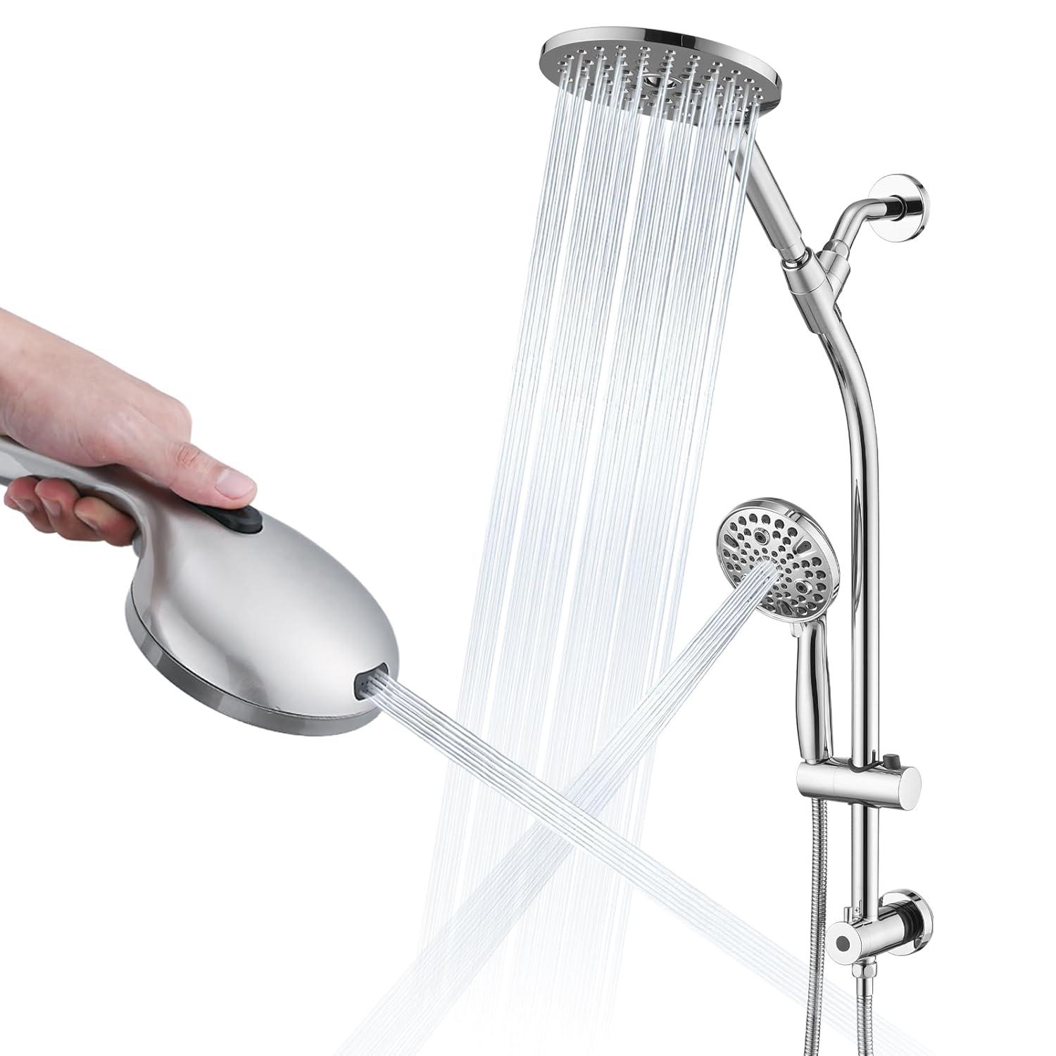 Rainfall Shower Head with Handheld Shower Spray, with 26" Drill Free Adjustable Height Slider Bar, High Pressure Dual Shower Head Combo, 3-Way Diverter for Easy Reach, 5Ft Hose - Chrome Finish