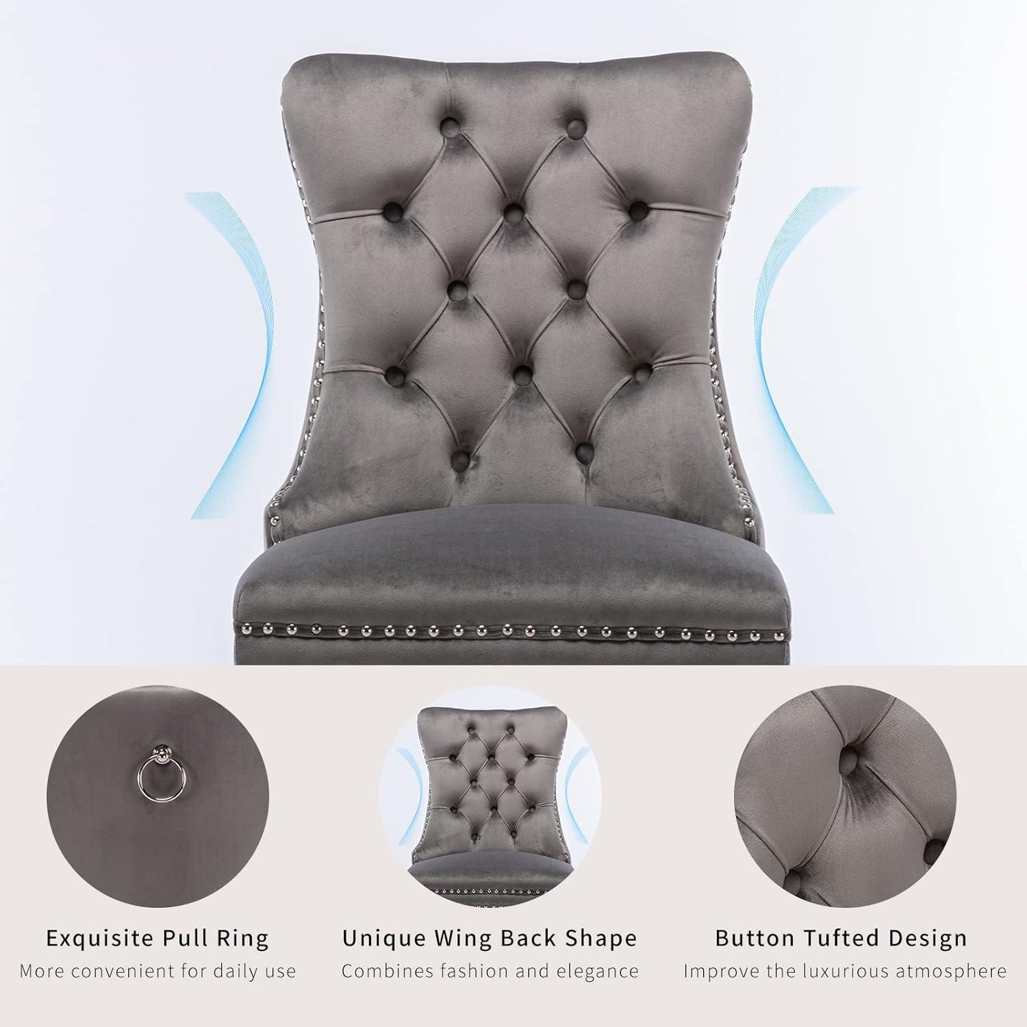 Modern Velvet Upholstered Dining Chairs with Back Button Nailhead Trim Accent Side Chairs with Wood Legs for Kitchen Dining Room(Gray,Set of 4)