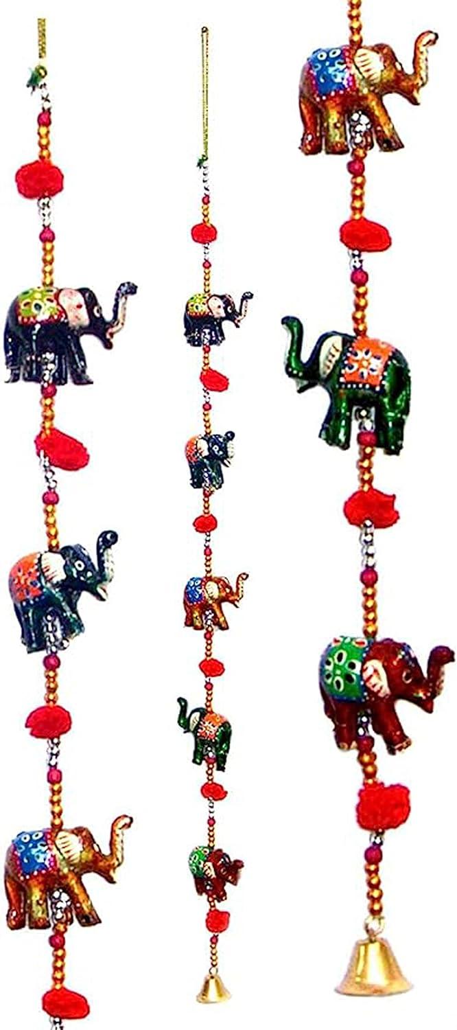 Rastogi Handicrafts Decorative Hanging Five Hand Painted Multi Color Resin Elephant with Beads and Brass Bell Size-76 cm