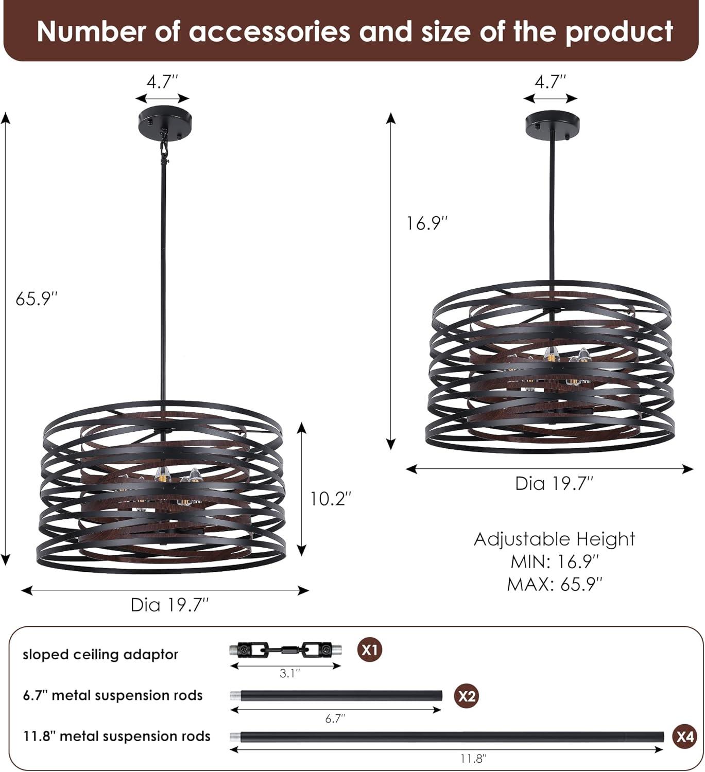 Dining Room Lighting Fixture, 5-Light Farmhouse Black Chandelier Drum Light, Round Metal with Retro Wood Texture Interior, E12 Bulbs Not Included