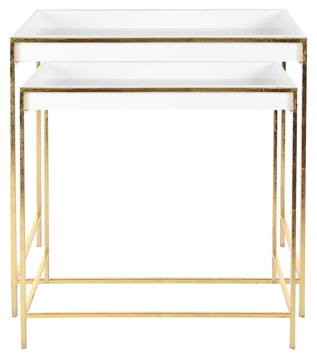 Mercer41 Blaine Wooden Nesting Tray Top Geometric Side End White Accent Table with Gold Metal Legs Set