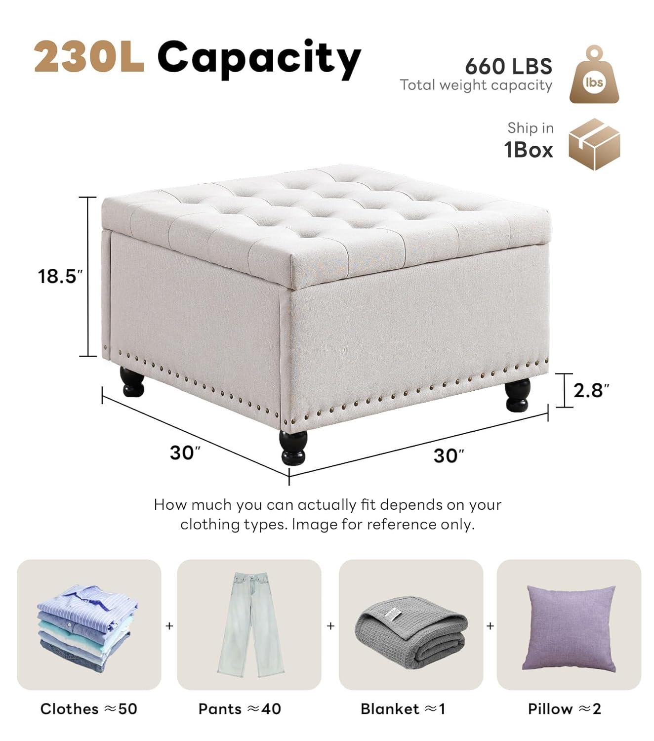 Tbfit Large Square Storage Ottoman Bench, Botton Tufted Upholstered Coffee Table with Wooden Legs, Oversized Storage Ottomans Toy Box Footrest for Living Room, Apartment, Beige