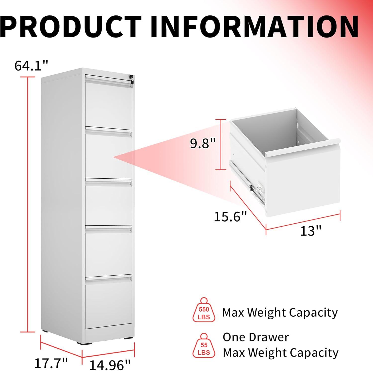 White Vertical 5-Drawer Lockable Metal Filing Cabinet