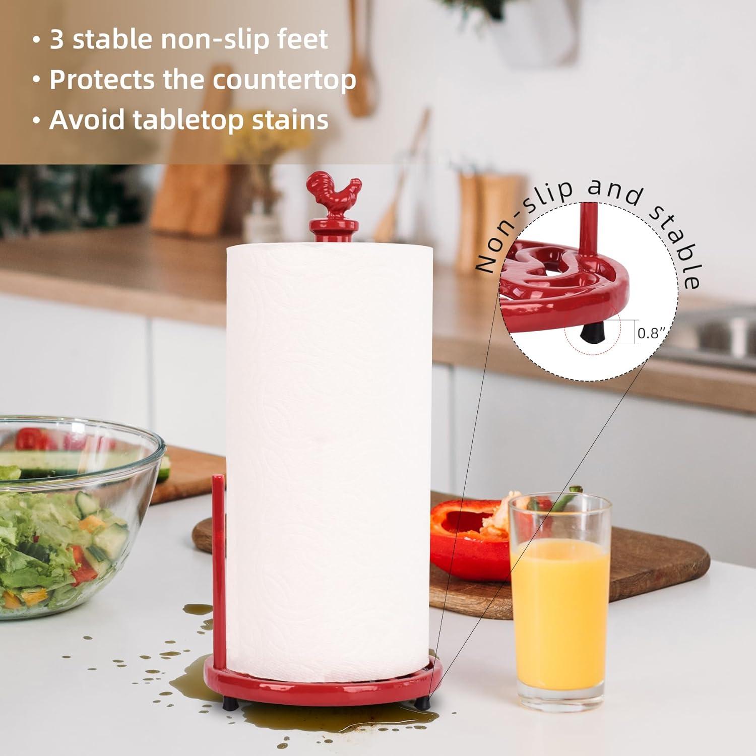 Vintage Paper Towel Holder Countertop - Cast Iron Standing Roll Paper Towel Dispenser with Elegant and Heavy Daffodil Pattern Base for Kitchen Décor, Red