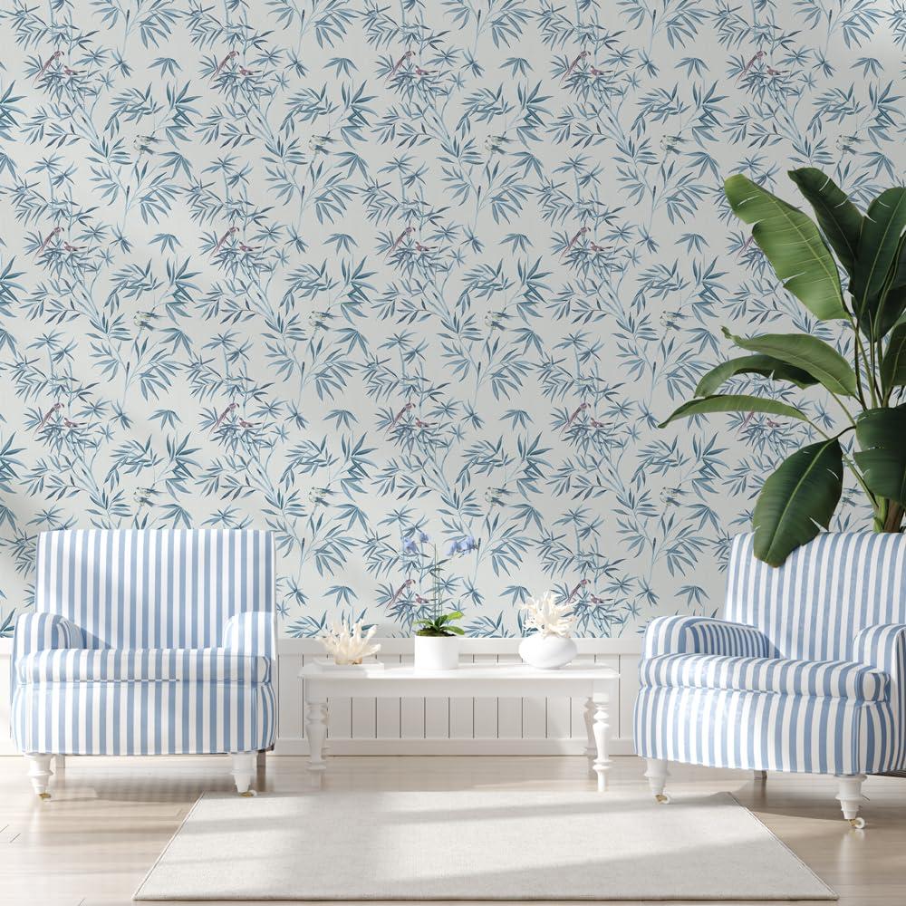 Tempaper & Co. Bamboo Chinoiserie Removable Peel and Stick Wallpaper, Nightfall, 28 sq ft: Vinyl, Self-Adhesive, Botanical Leaf Pattern