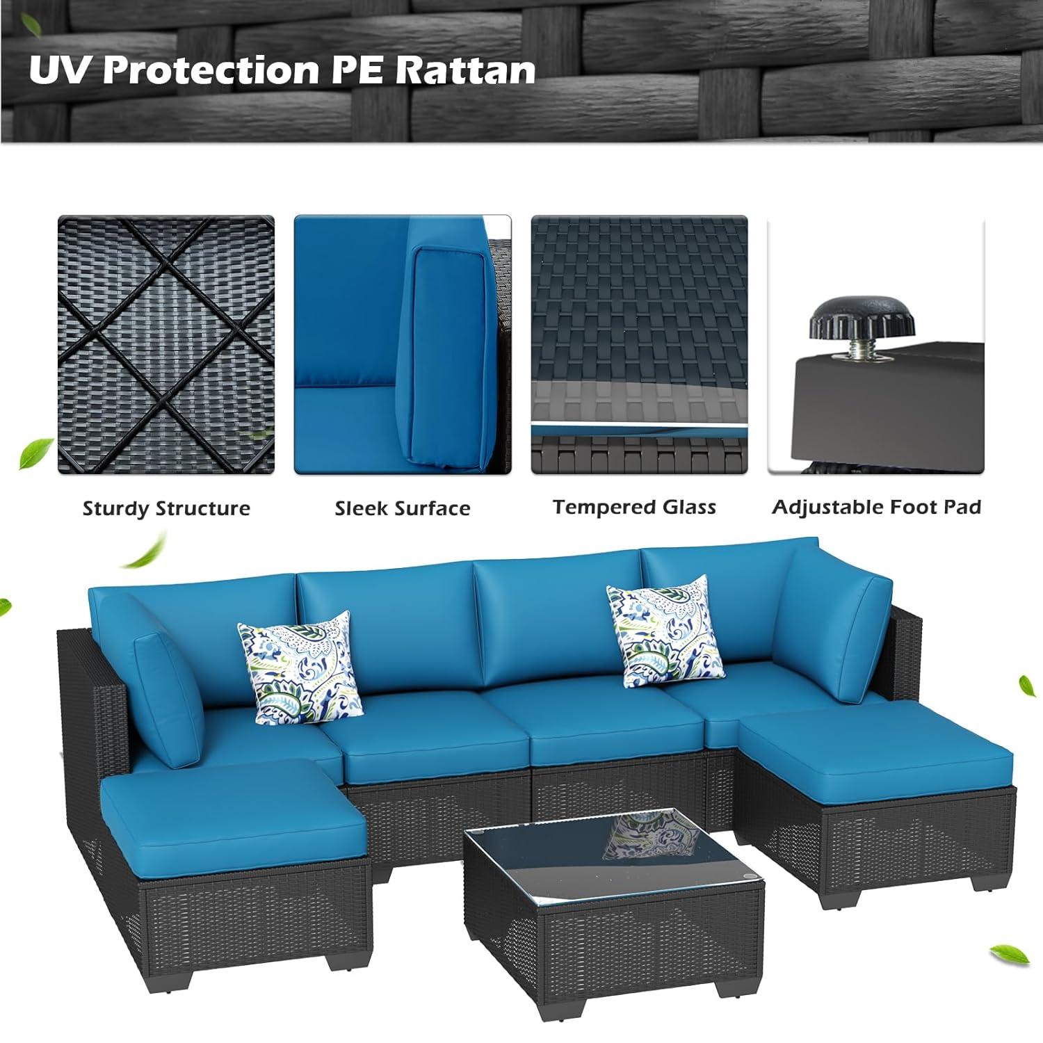 Black Steel Frame 7-Piece Outdoor Sectional Sofa Set with Blue Cushions