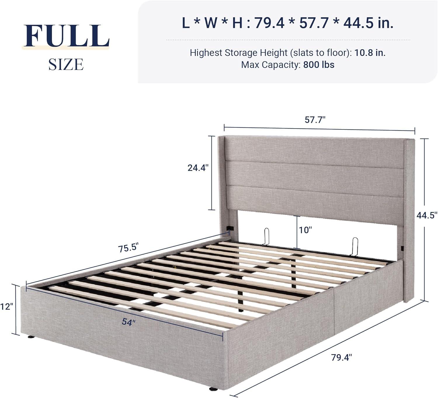Full Size Light Beige Upholstered Storage Bed with Wingback Headboard
