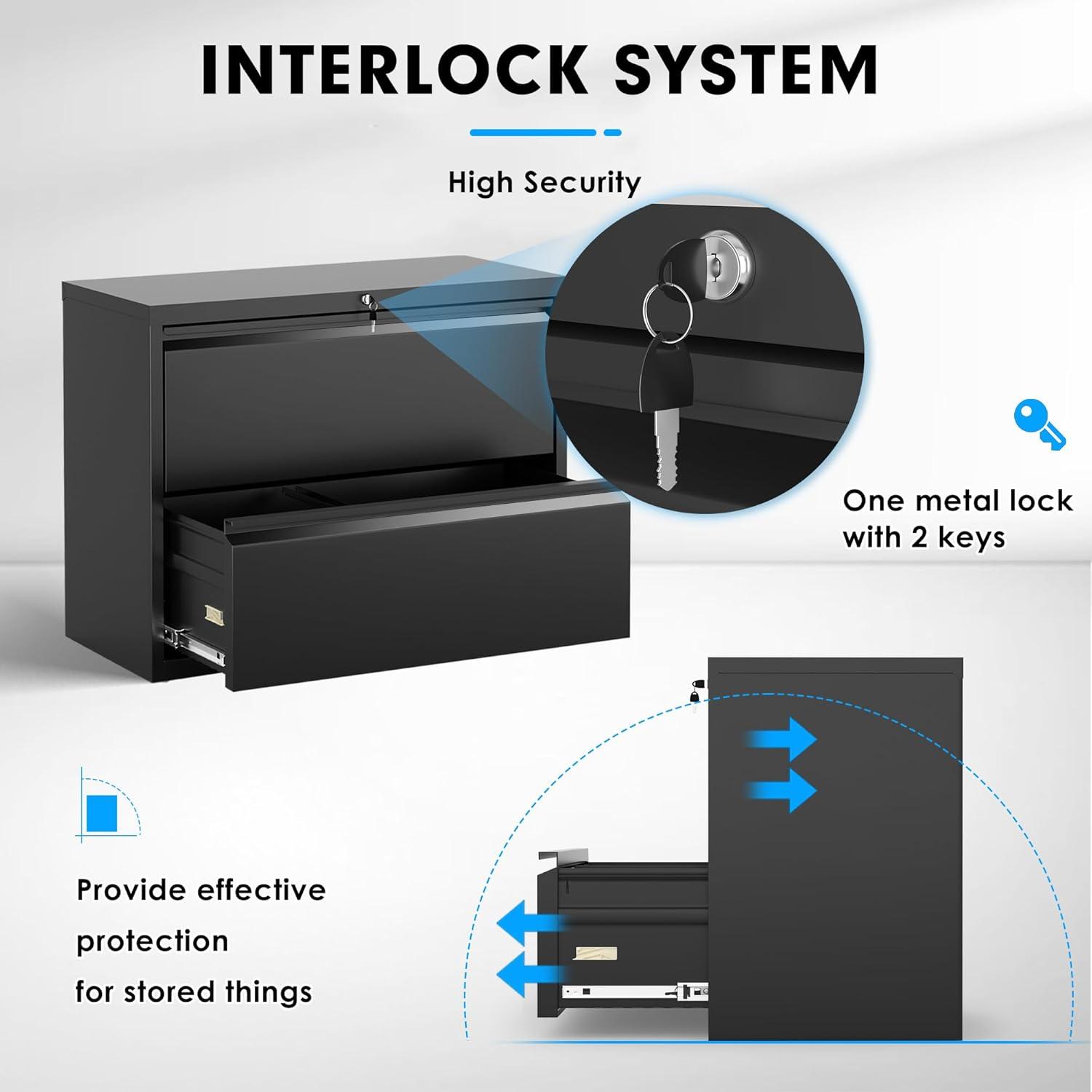 2 Drawer Metal Lateral File Cabinet with Lock, Filing Cabinet for Legal and Letter Size, Large Capacity Storage Cabinet for Home Office, Black