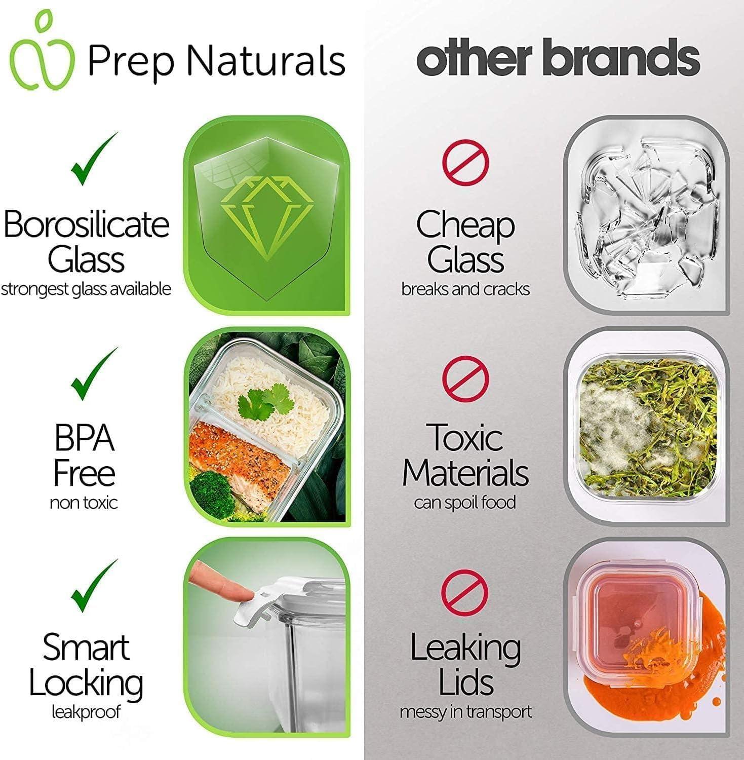 Prep Naturals - Glass Food Storage Containers - Meal Prep Container - 5 Packs, 2 Compartments, 30 Oz