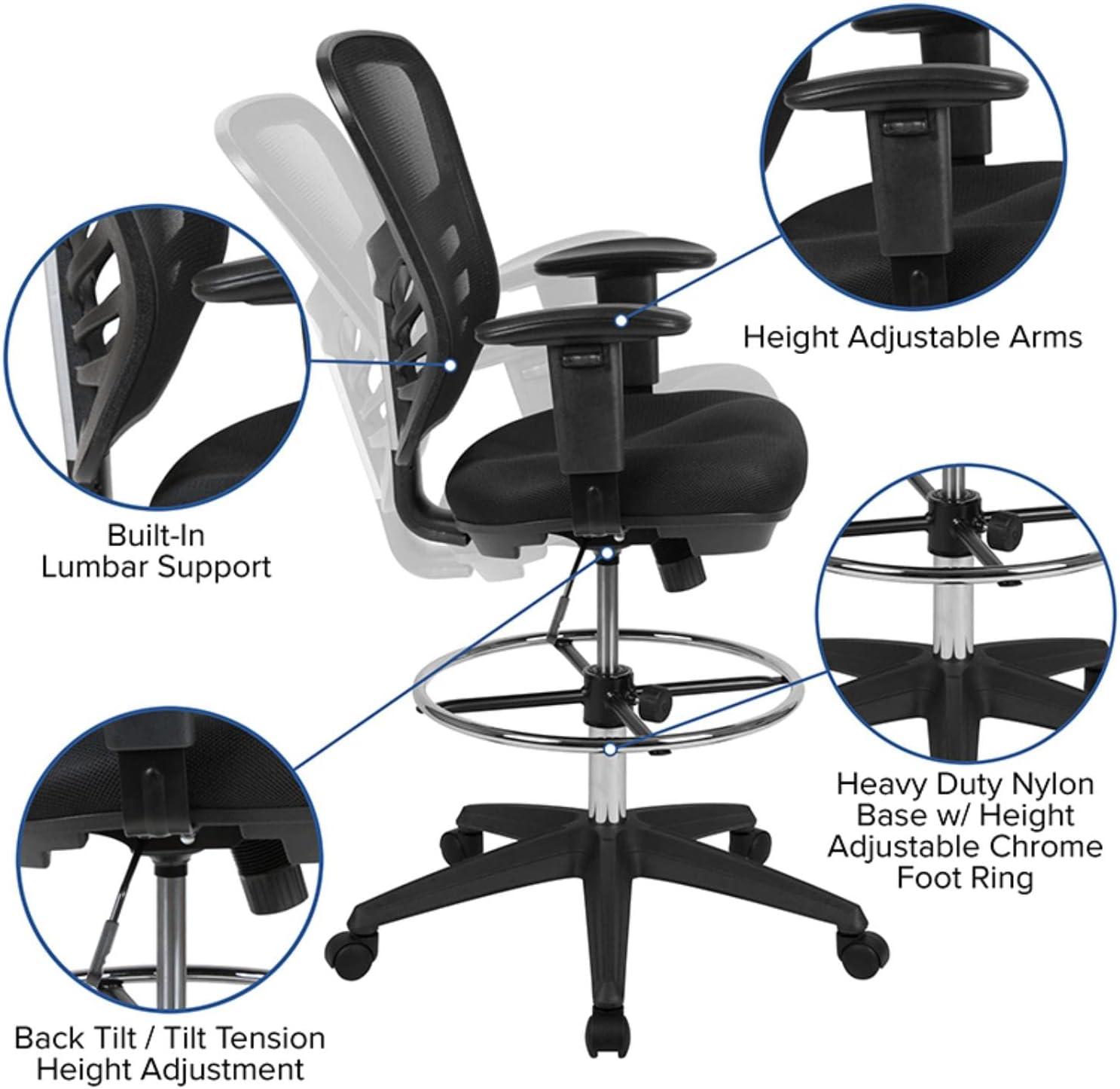 Mid-Back Ergonomic Drafting Chair with Adjustable Chrome Foot Ring, Adjustable Arms