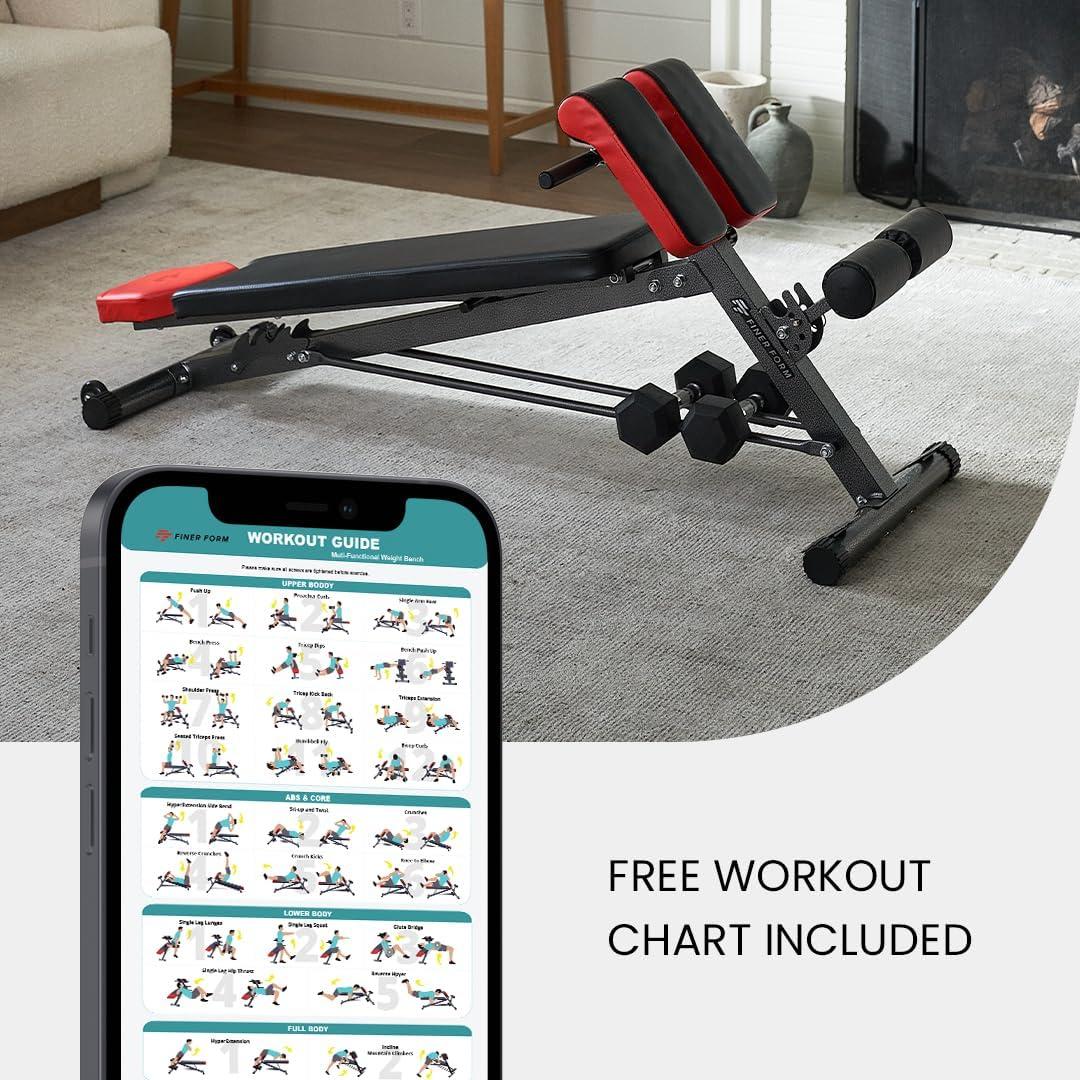 Finer Form Multi-Functional Bench for Full All-in-One Body Workout - Hyper Back Extension, Roman Chair, Adjustable Ab Sit up Bench, Decline Bench, Flat Bench