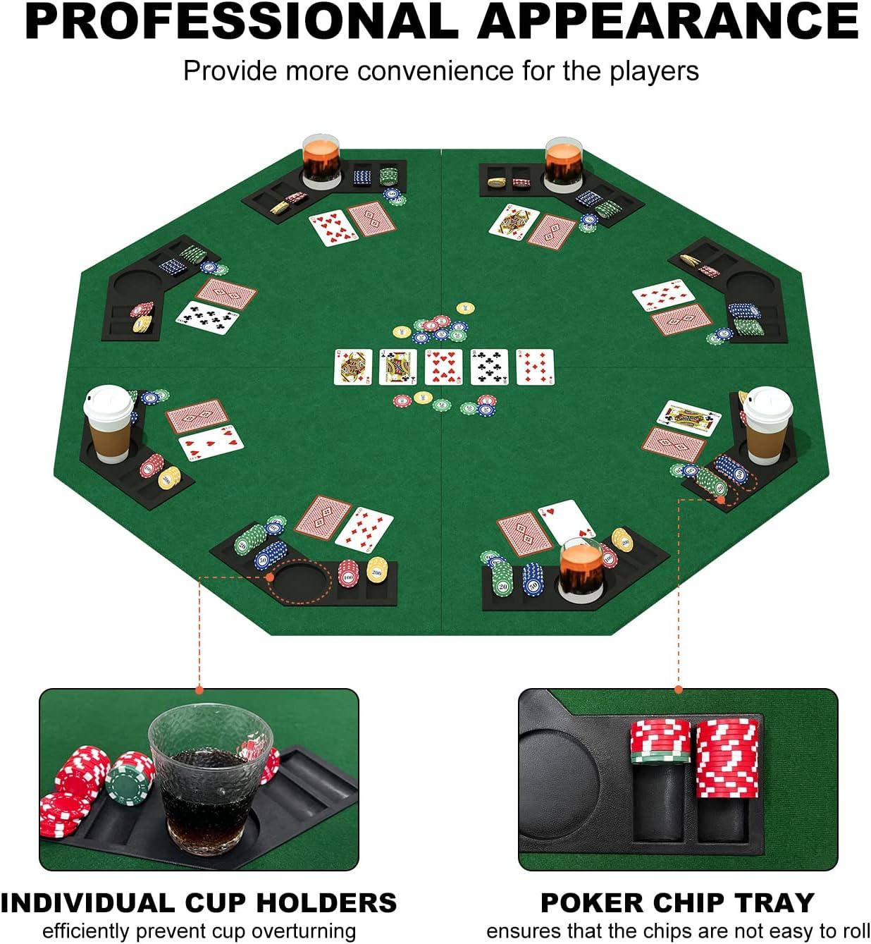 Green 48-Inch Foldable Octagon Poker Table Top with Cup Holders