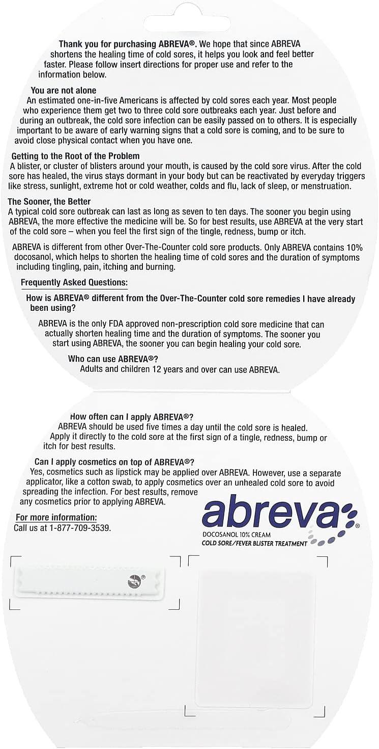 Abreva Docosanol 10% Cream Cold Sore/Fever Blister Treatment Tube - 0.07oz