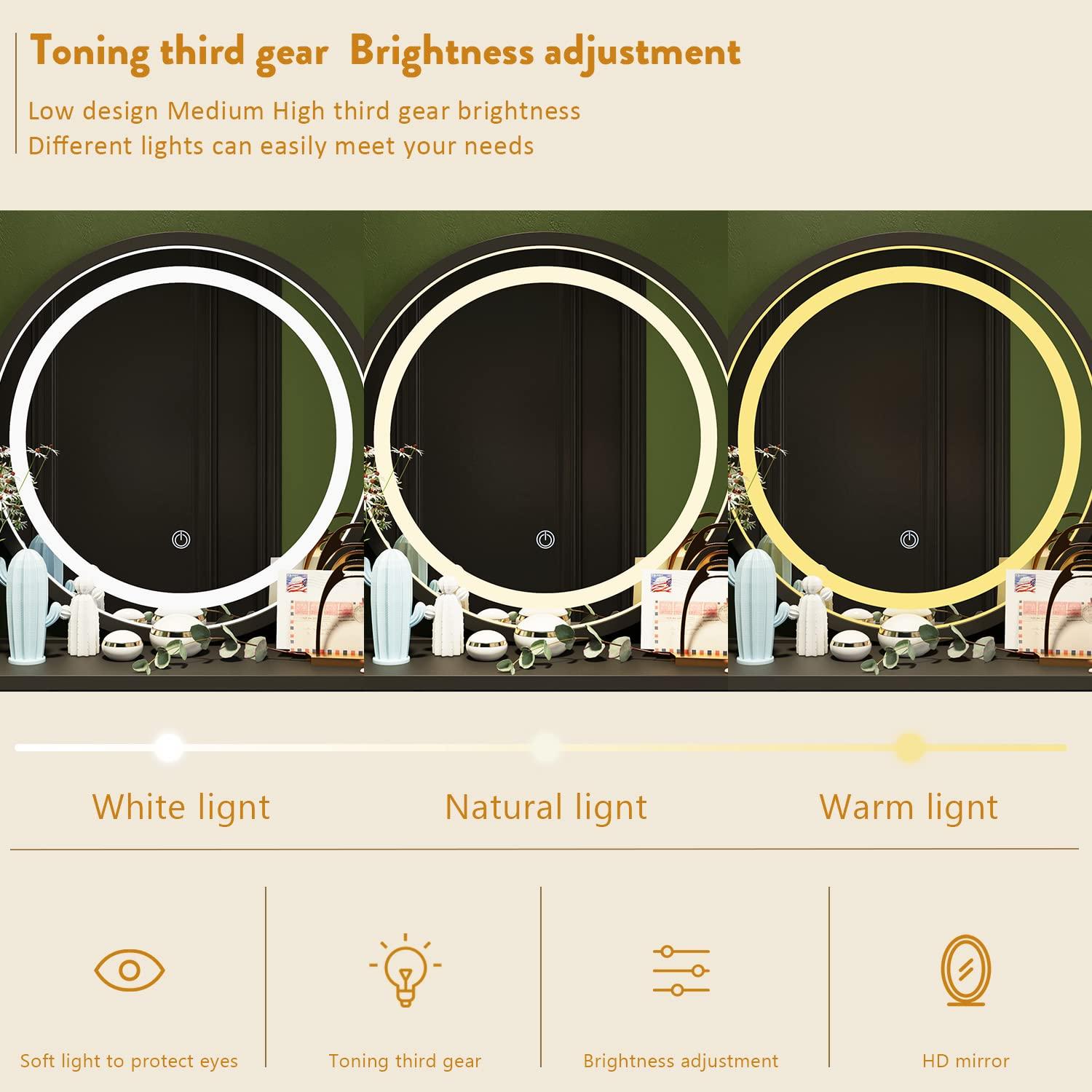 FUFU&GAGA Black Vanity Set with Round Lighted Mirror, Makeup Vanity Dressing Table with 5 Drawers, Shelves, Dresser Desk and Cushioned Stool