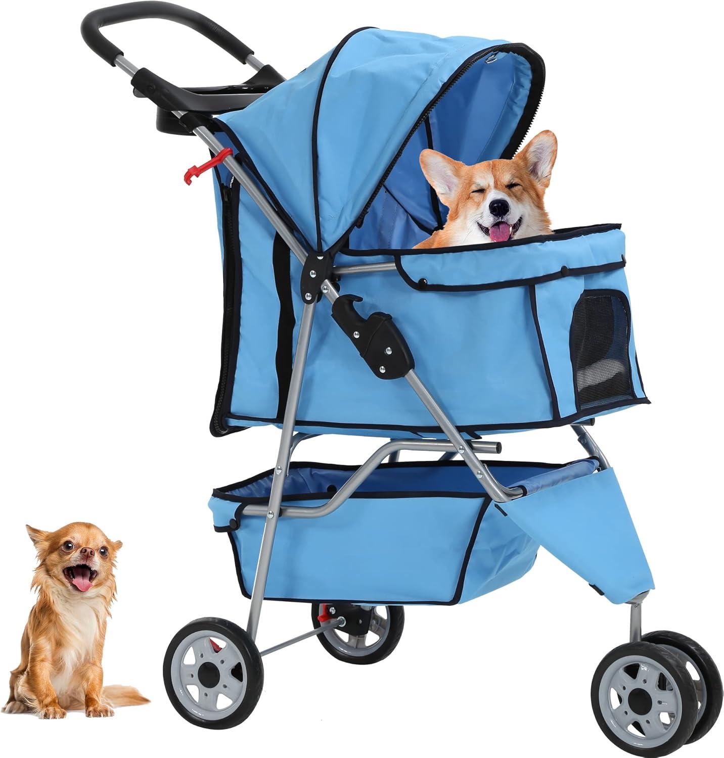 ToccoLeggero Pet Stroller Foldable Dog Stroller 3-Wheel Durable Cat Jogger Stroller For Small And Medium Dogs Cats With Washable Liner Storage Basket Cup Holder