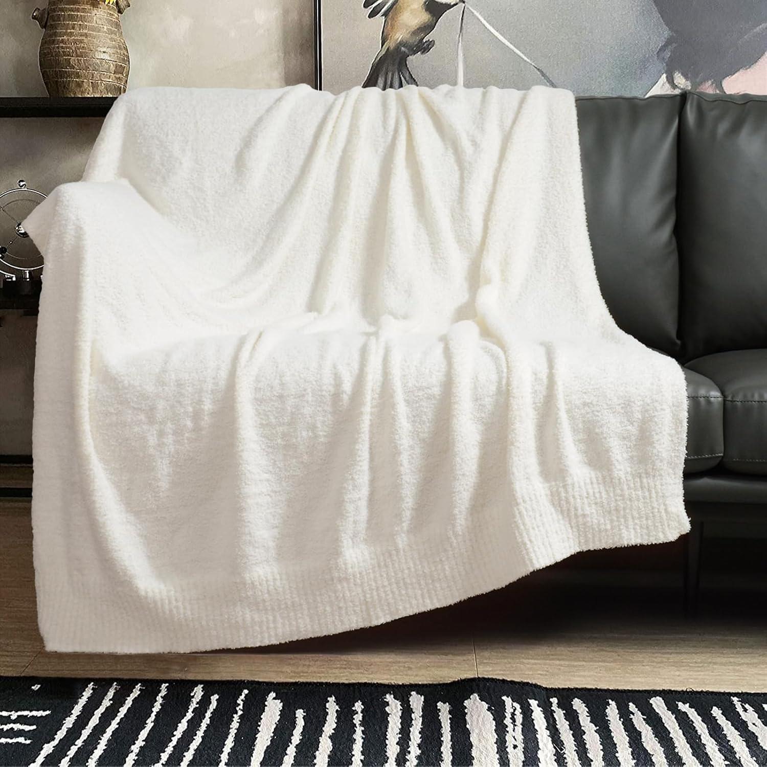 Cream Knitted Polyester Baby and Pet Throw Blanket