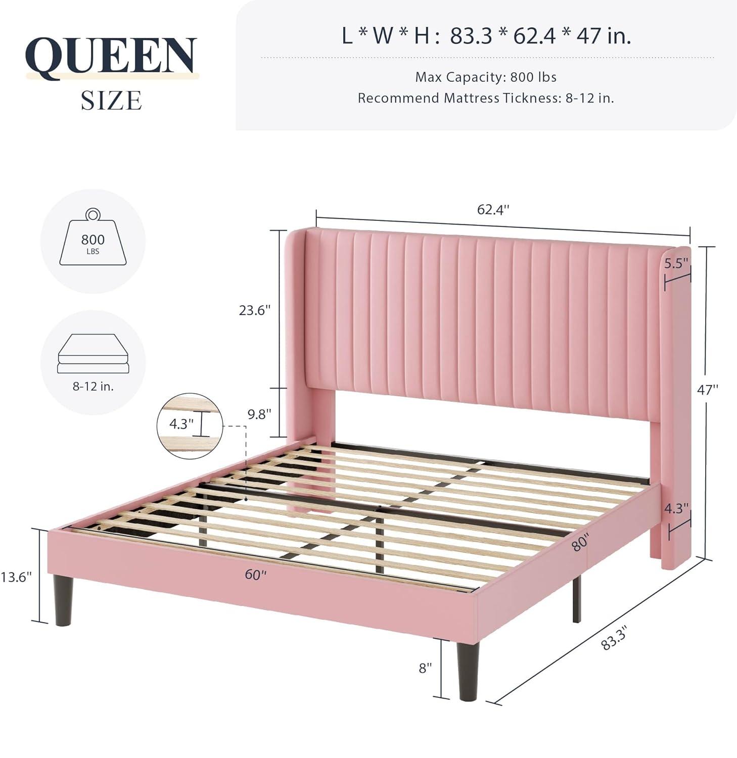 Candler Velvet Upholstered Platform Bed with Wingback Headboard and Wooden Slats