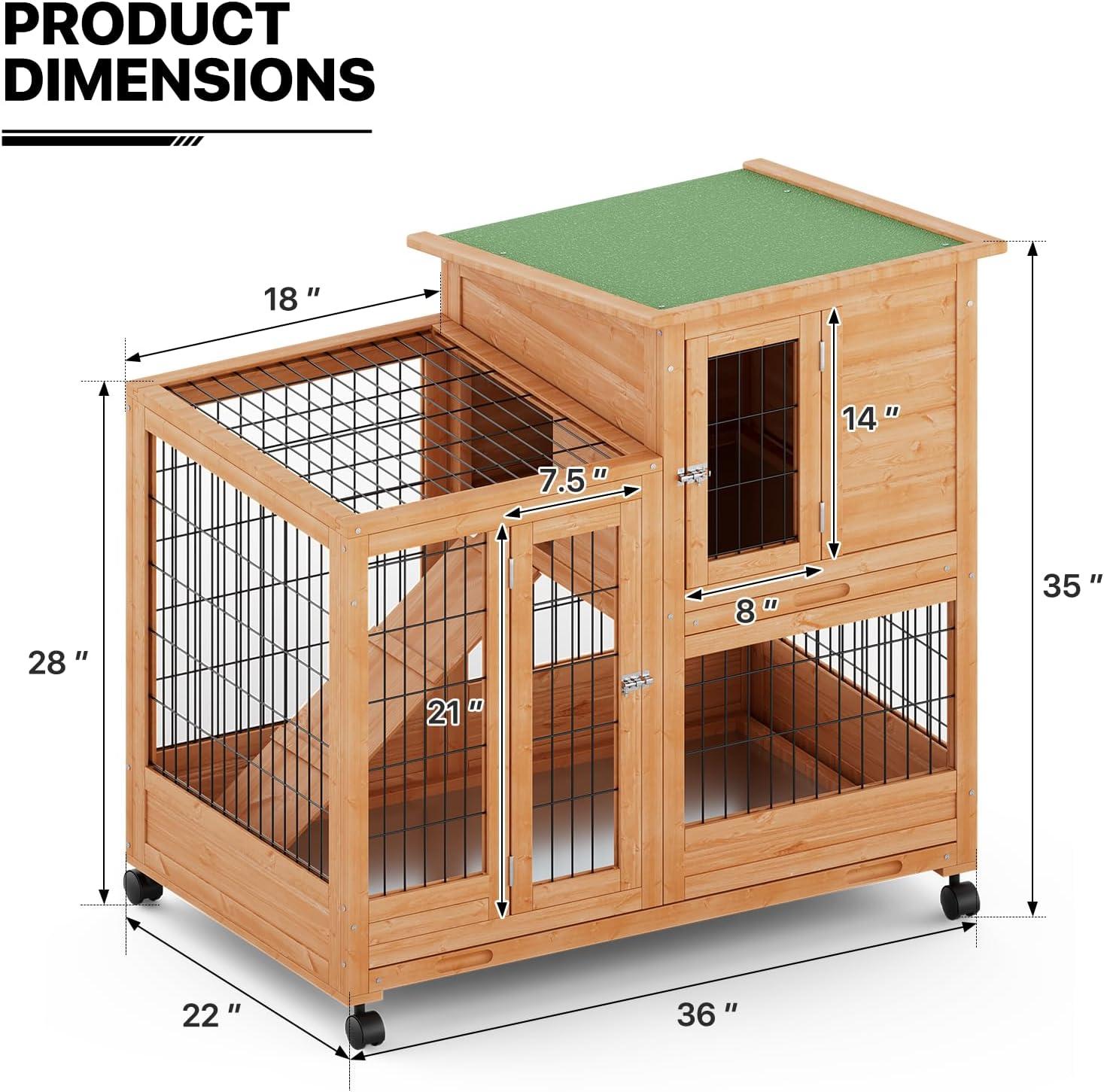 MoNiBloom 36" Wooden Rabbit Hutch w/2 Slide-Out Trays, Anti-Slip Ramp Bunny Cage w/4 Wheels, Natural