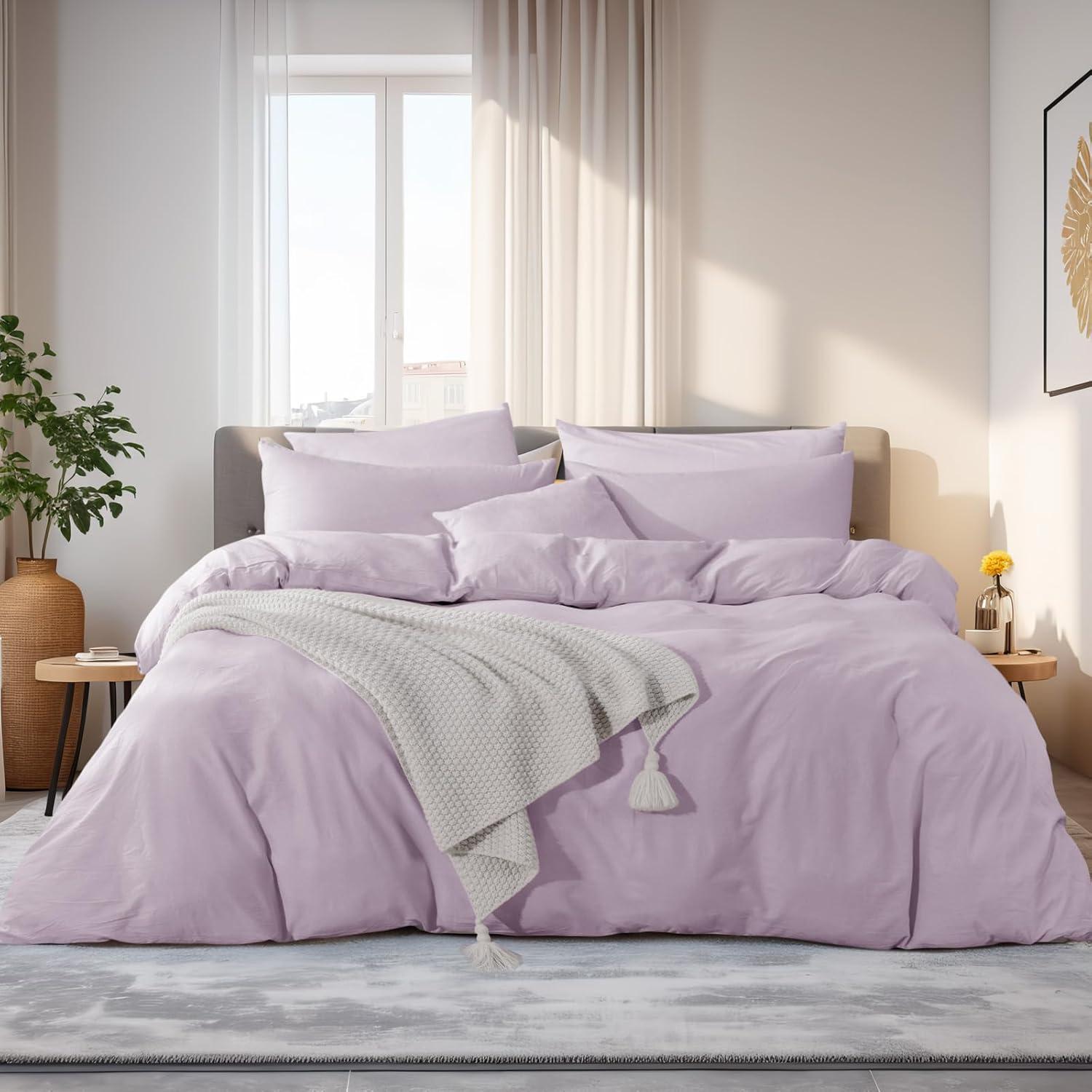 NEXHOME PRO Duvet Cover Set 100% Washed Cotton Oversized Queen 98"x98", Organic Natural Linen Look Textured 3 Pieces Bedding Set Apricot Yellow with Zipper Closure, Breathable, Soft (No Comforter)