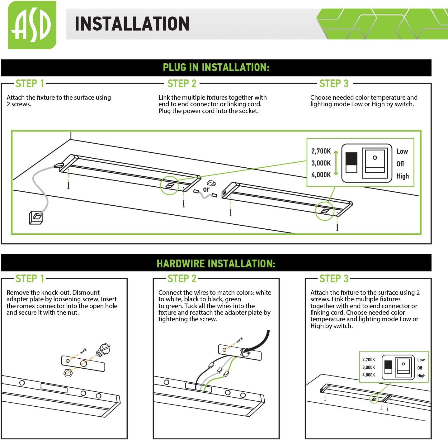 ASD Swivel LED Under Cabinet Lighting, 18 Inch 8W, Hardwired or Plug-in, 2700K/3000K/4000K, Hi/Low Switch, Rotatable Lens, Dimmable Linkable Under Counter Light for Kitchen, ETL & Energy Star