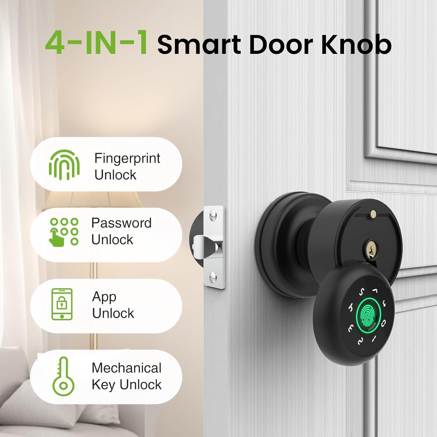 GHome 4 in 1 Smart Fingerprint Door Knob with Keypad Door Lock, Biometric Smart Door Knobs & App Control, Keyless Entry Door Lock Great for Home, Bedroom, Apartment Offices, Garages