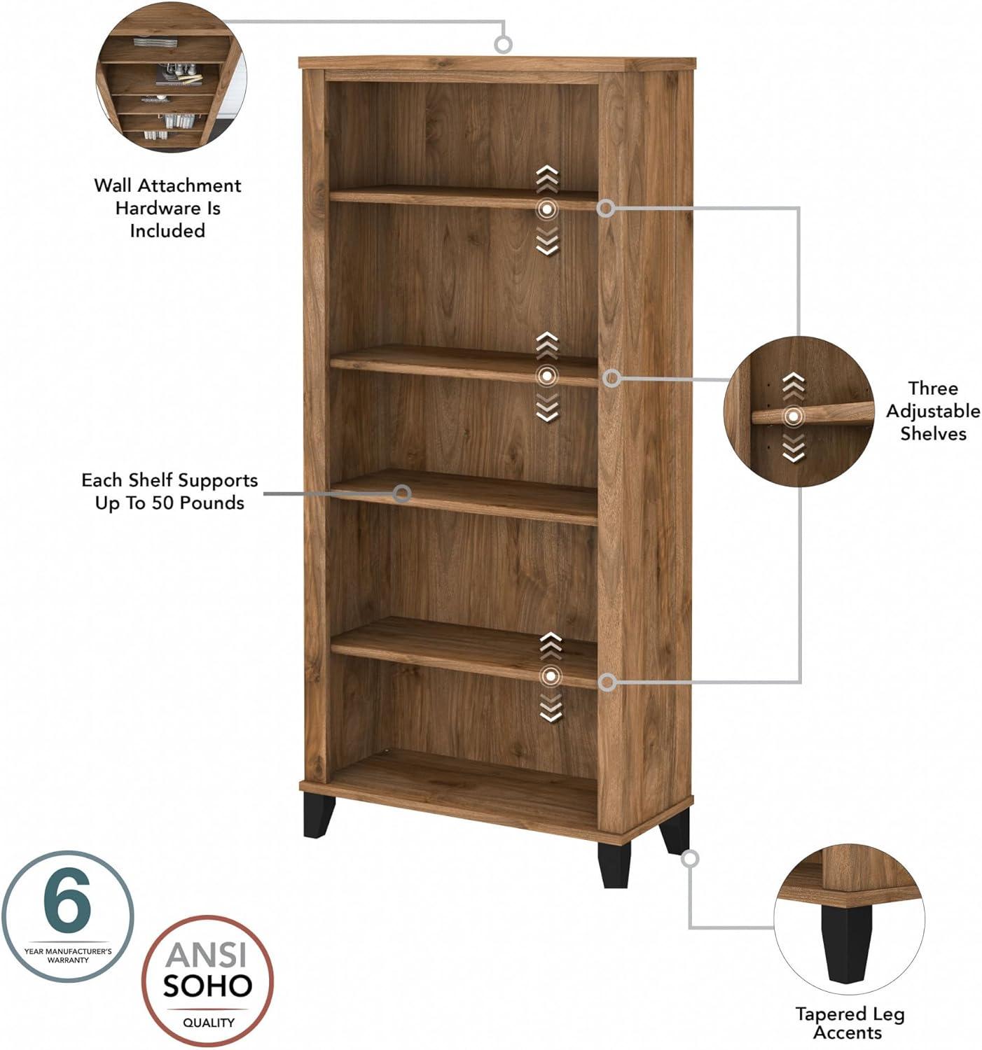 Bush Furniture Somerset 5 Shelf Tall Bookcase in Fresh Walnut Finish