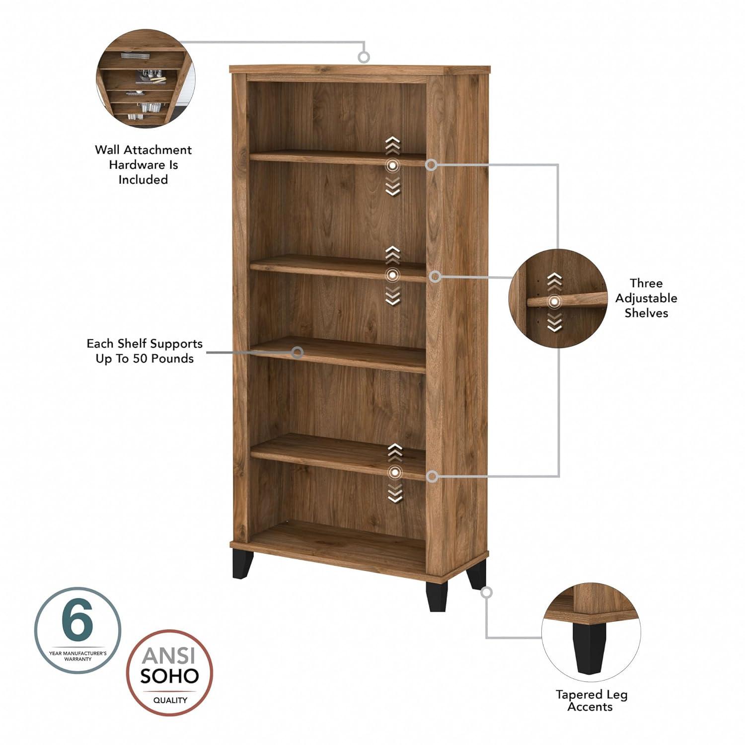 Bush Furniture Somerset 5 Shelf Tall Bookcase in Fresh Walnut Finish