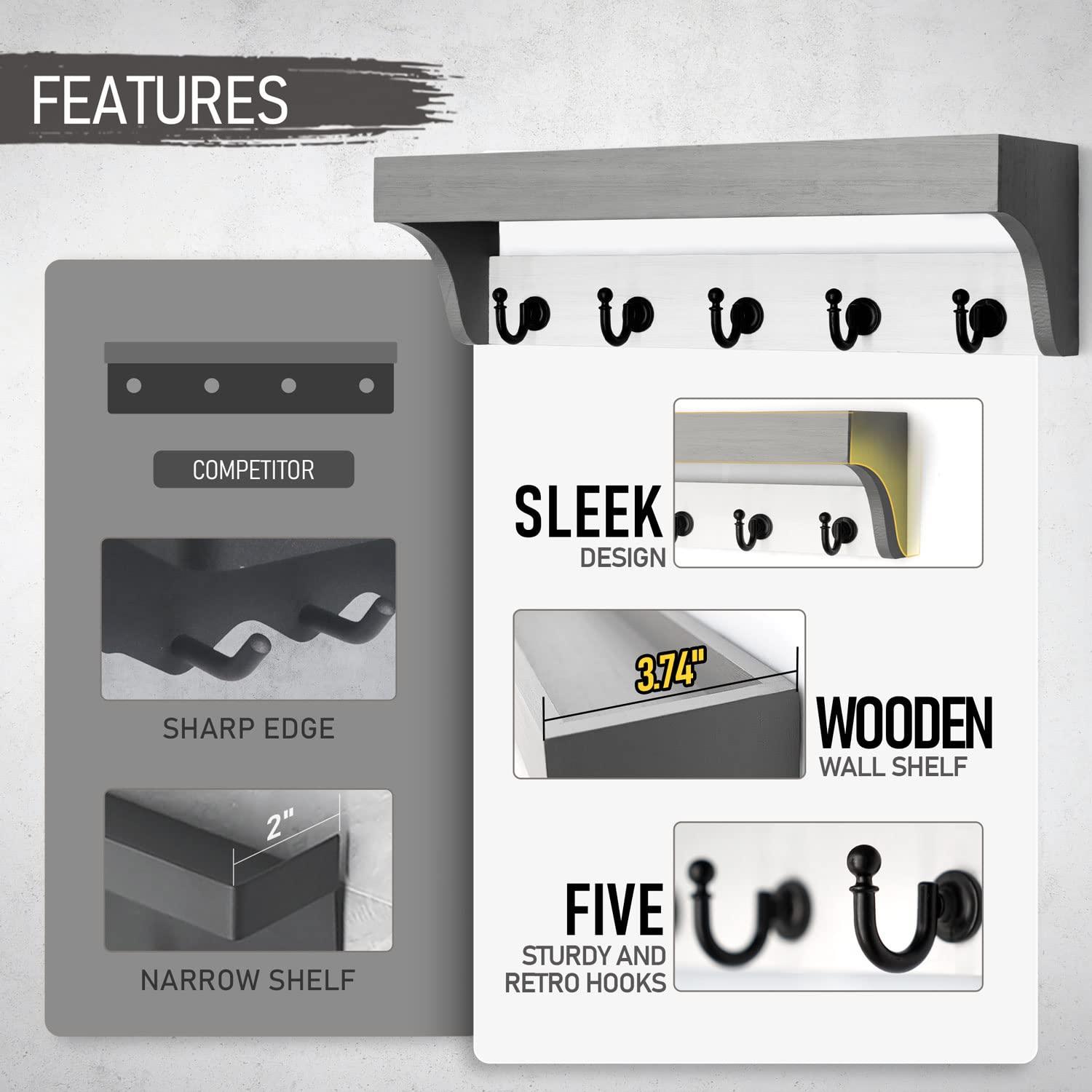 Rebee Vision Key Holder Wall Mount with Shelf - Key and Mail Organizer with 5 Hooks and Shelf (Gray&White, 14-inch)