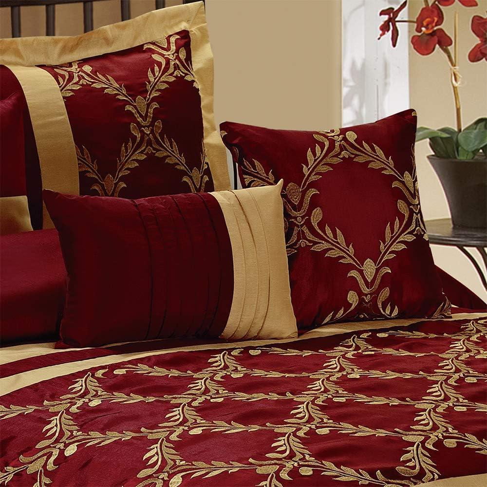 HIG 7 Piece Burgundy and Gold Faux Silk Fabric Embroideried Bedding Set, Queen