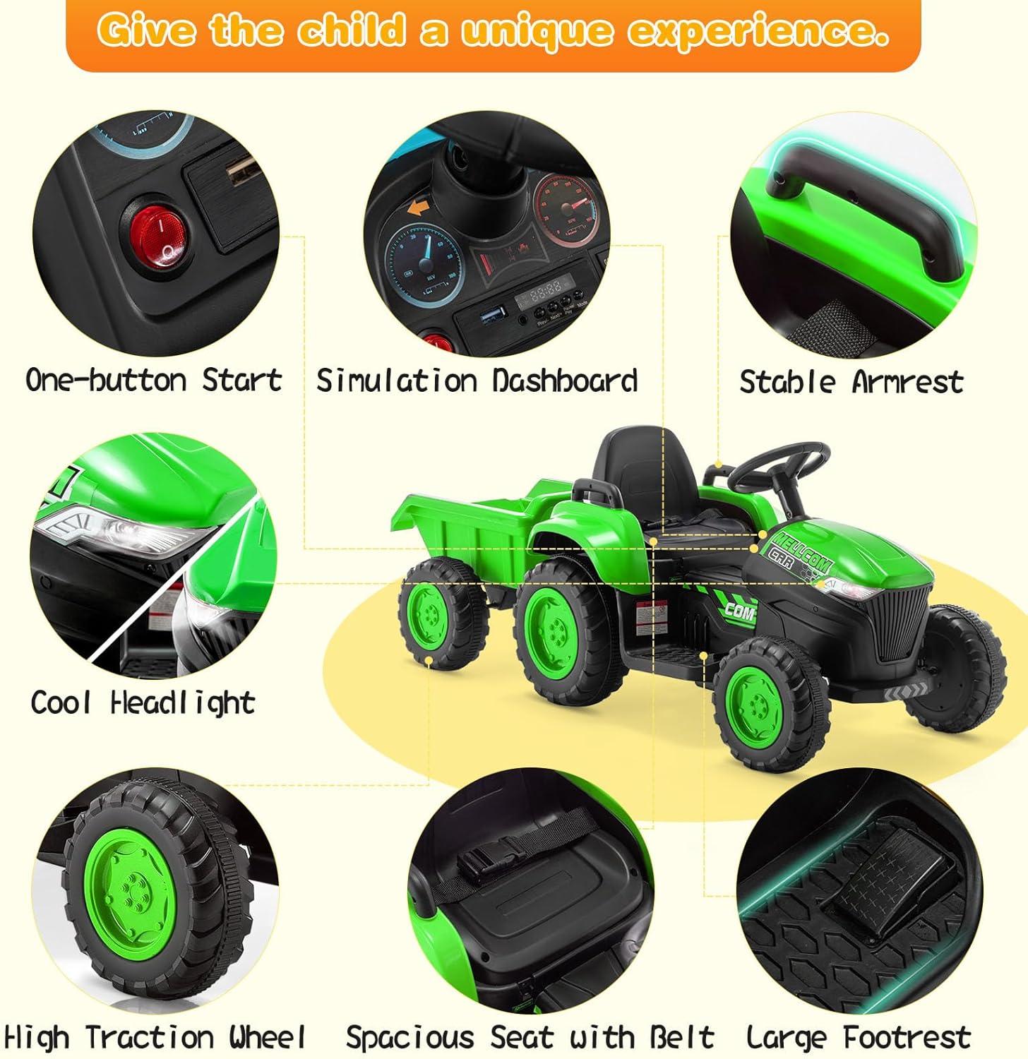 Erommy Kids Ride on Tractor with Remote Control, 12V Battery Powered Electric Tractor with 30W Dual Motors/Cool Lights/Bluetooth Music for Kids, Green