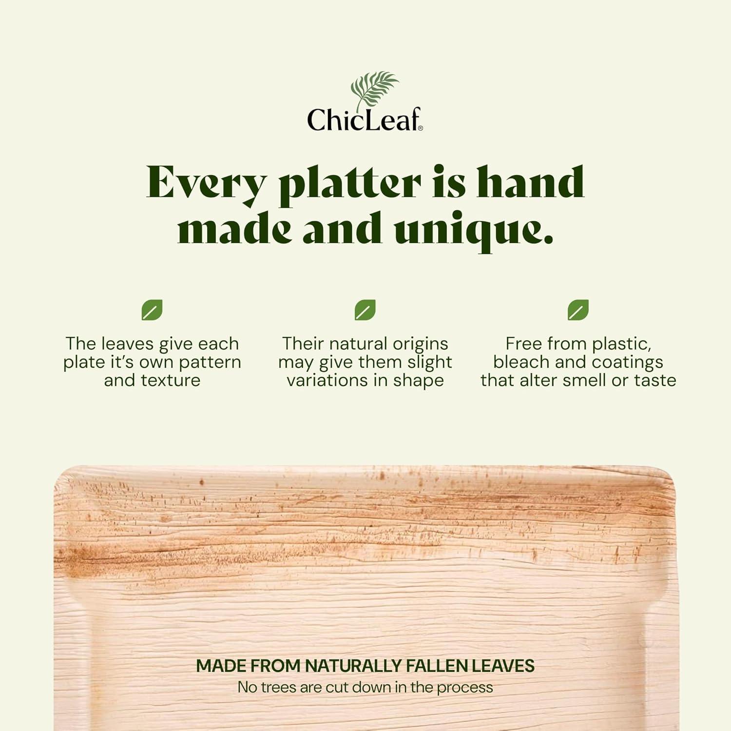 Chic Leaf Disposable Palm Leaf Trays, 17" x 12", 10 Pack, Compostable, Eco-Friendly Platters Charcuterie Board
