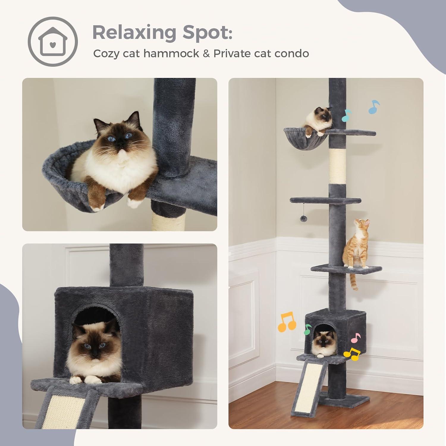 Adjustable Height Floor To Ceiling 5-Tier Tall Cat Tree Tower For Indoor Cats With Cat Condo, Cat Scratching Post And Cat Ladder