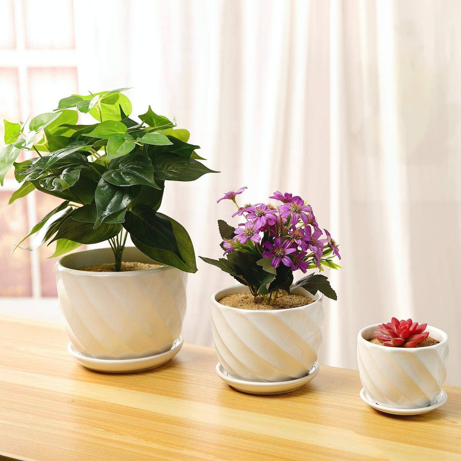 Set of 3 White Ceramic Indoor/Outdoor Planters with Saucers