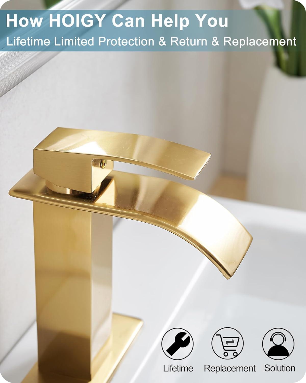 WOWOW Brushed Gold Waterfall Bathroom Faucet  Single Handle Faucet for Bathroom Sink